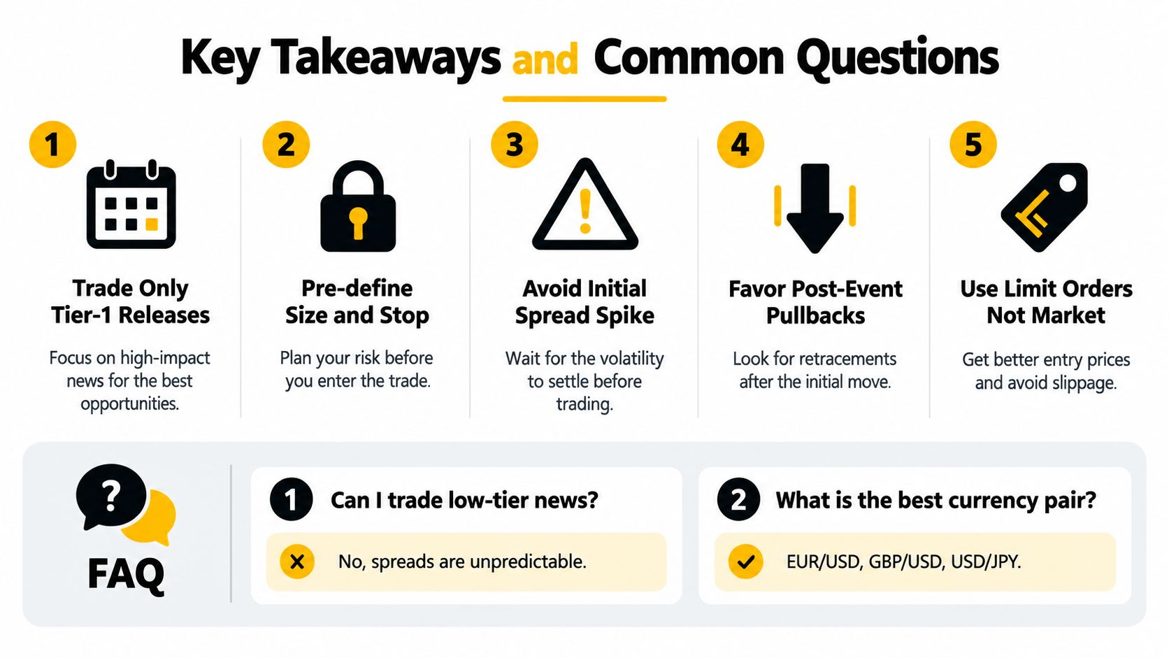 A list of five essential tips for forex news trading followed by a brief FAQ section.