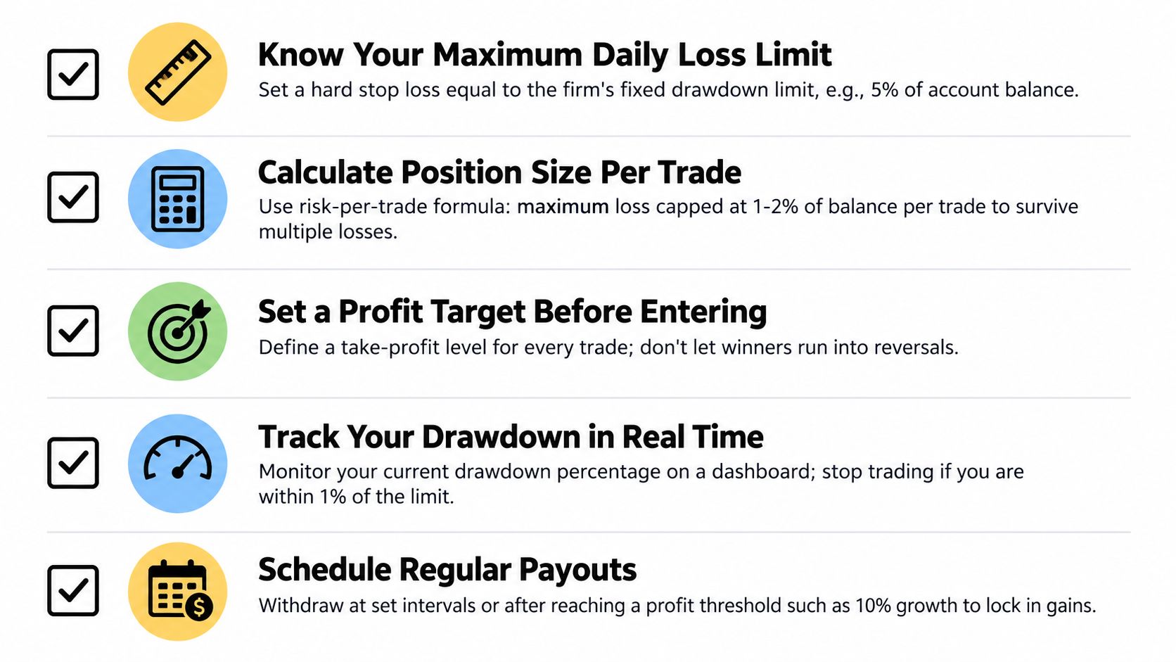 A checklist infographic illustrating five essential risk management and financial planning rules for professional trading accounts.