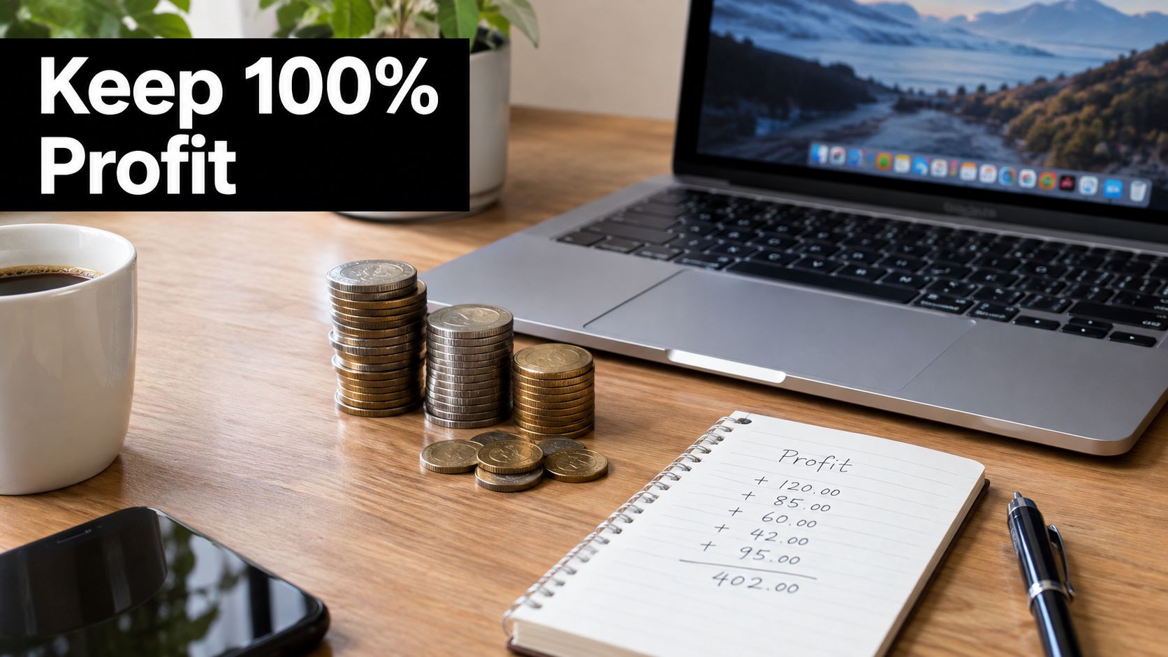 A wooden office desk featuring a laptop, stacks of coins, a notepad showing profit calculations, and coffee.