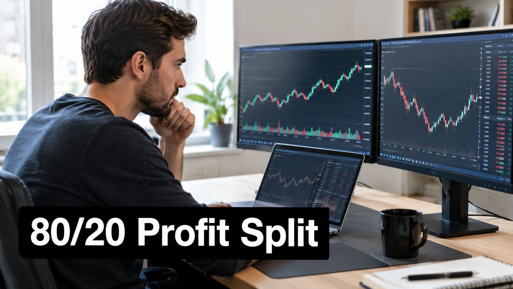 A professional trader sitting at a desk reviewing financial stock market charts on multiple computer screens.