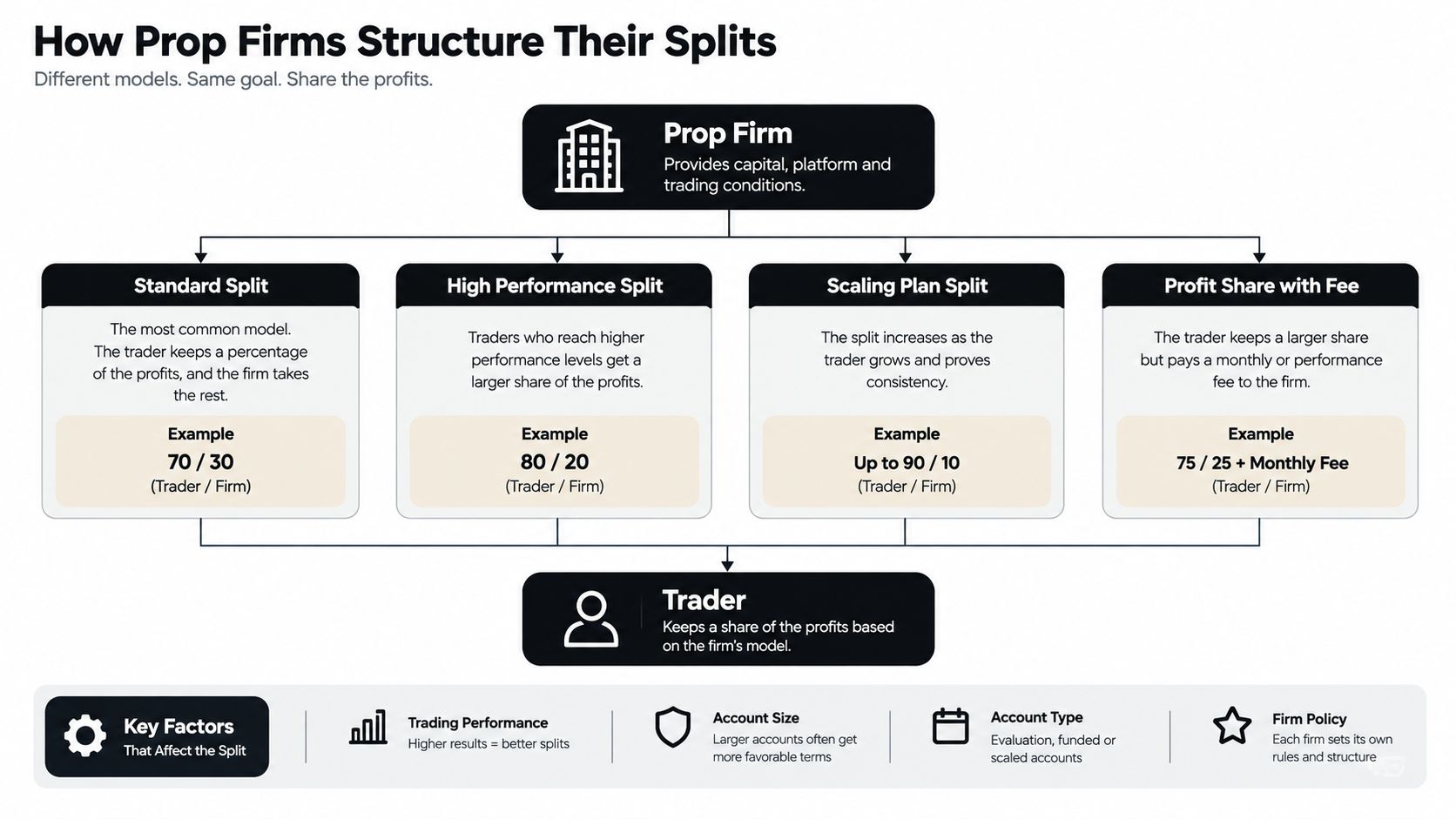 A diagram illustrating the four common profit split models used by trading prop firms to compensate traders.