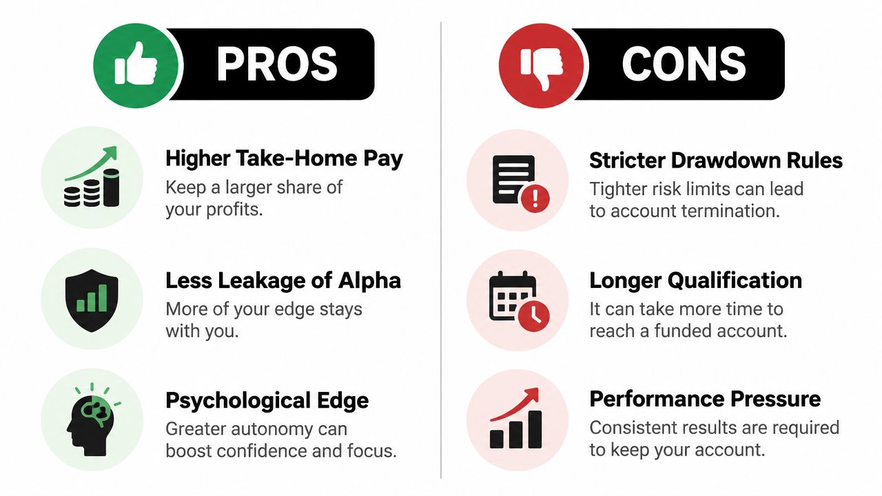 A comparison chart showing the pros and cons of professional trading accounts including profit splits and risks.