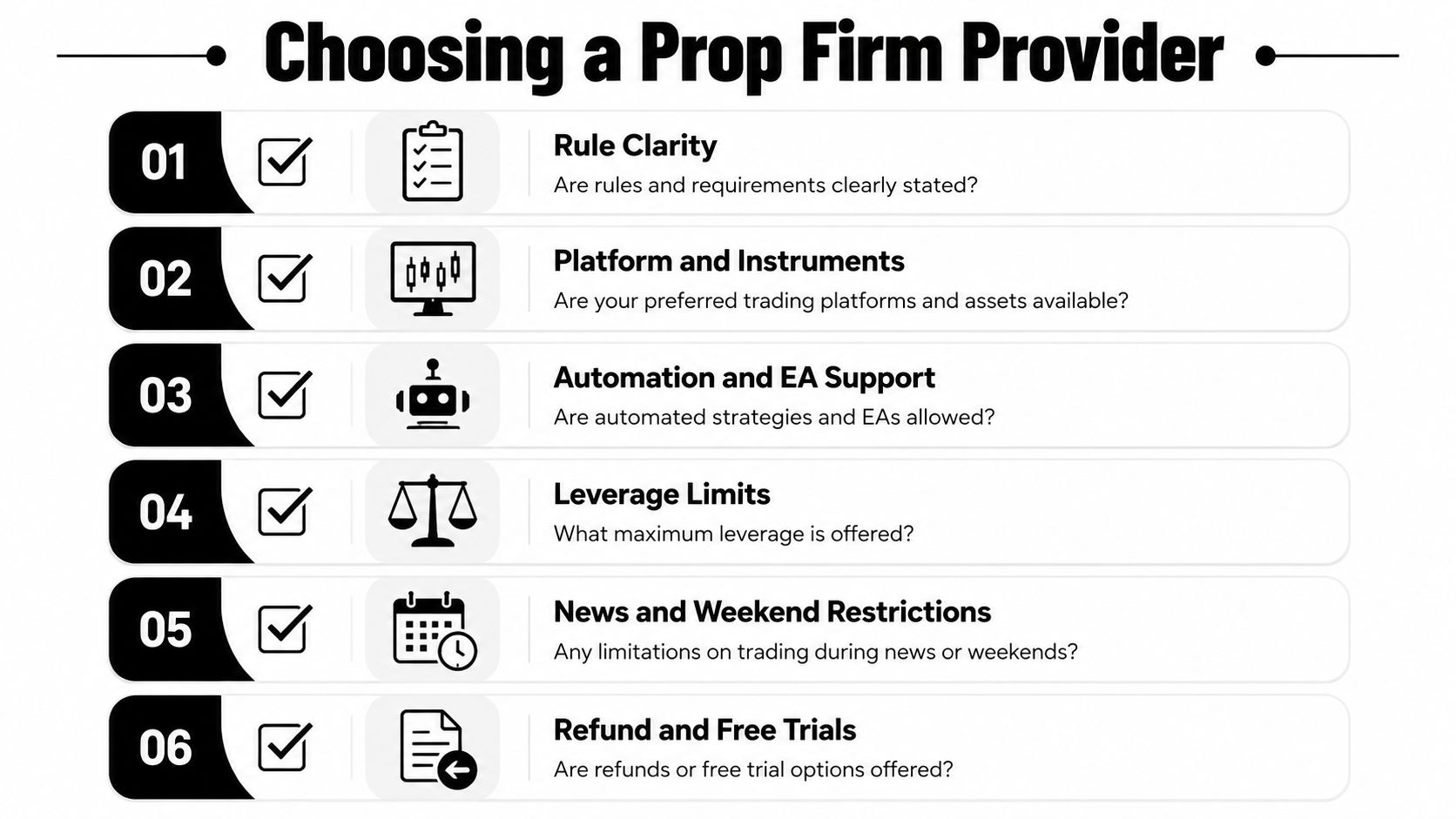A checklist infographic titled Choosing a Prop Firm Provider outlining six key factors for selecting trading firms.