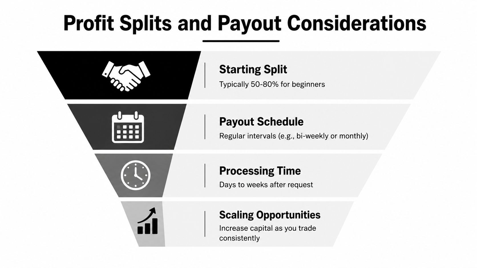 An infographic titled Profit Splits and Payout Considerations detailing trader payouts, schedules, processing times, and scaling opportunities.