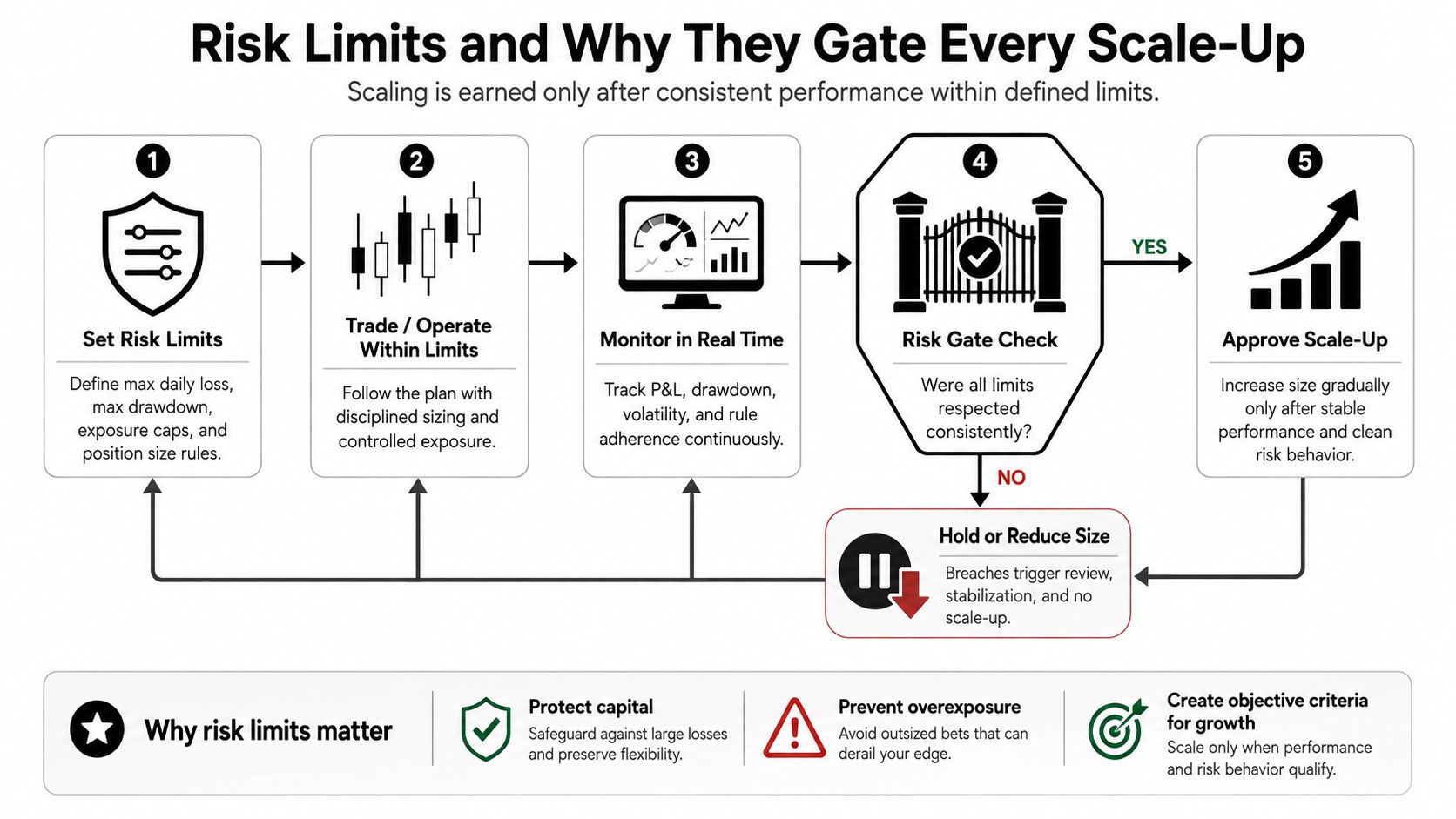 A flowchart explaining a five-step professional trading risk management strategy for scaling account sizes consistently.