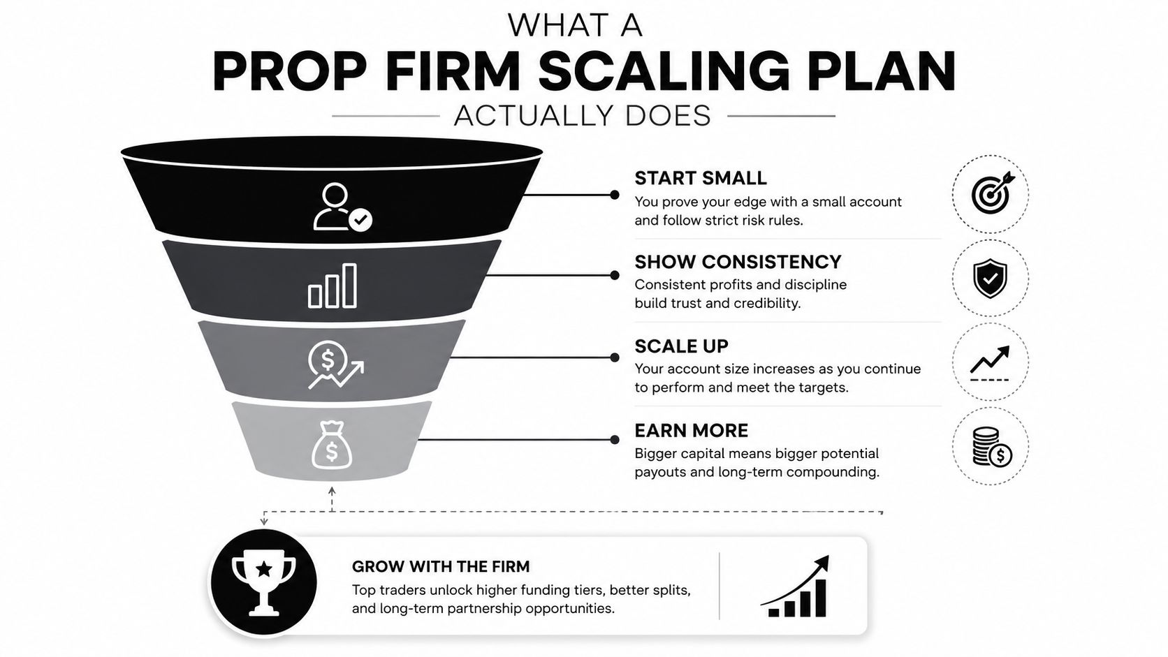 A funnel diagram illustrating the four steps of a prop firm scaling plan for successful traders.