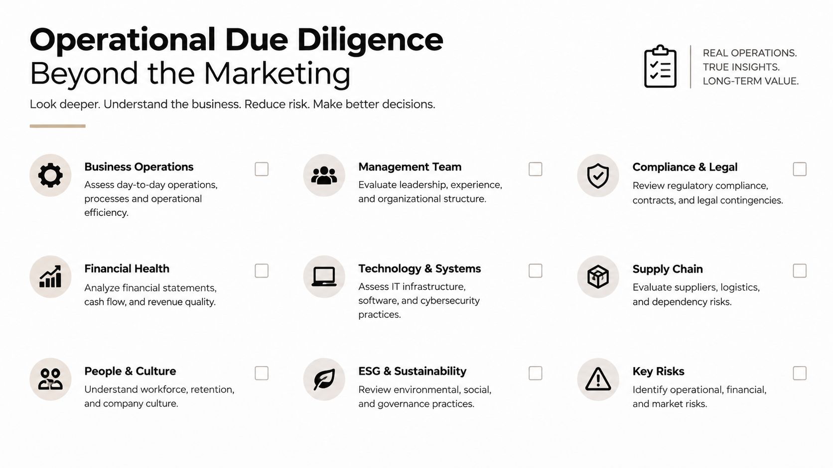 A checklist infographic outlining key components of operational due diligence for businesses, such as operations, finance, and technology.