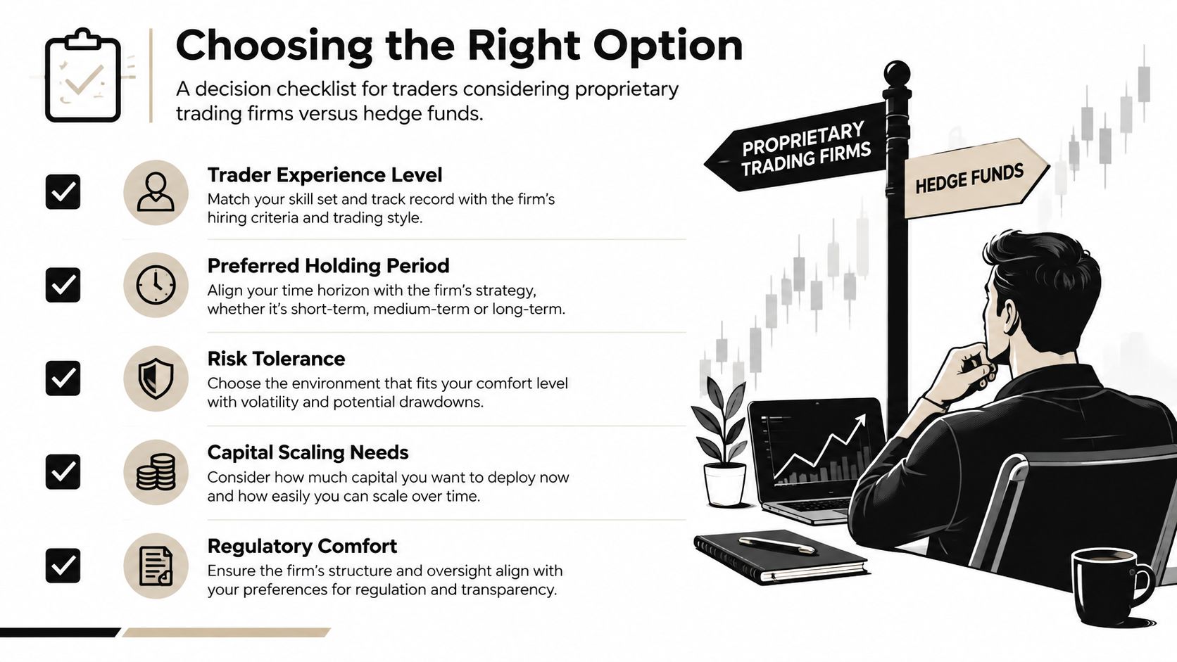 A professional infographic showing a trader evaluating career choices between proprietary trading firms and hedge funds.