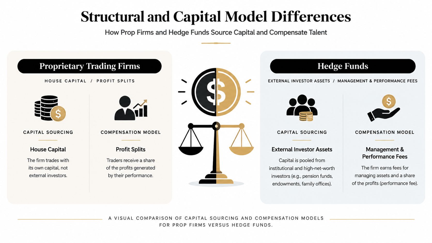 A comparison infographic showing structural and capital differences between proprietary trading firms and hedge fund business models.