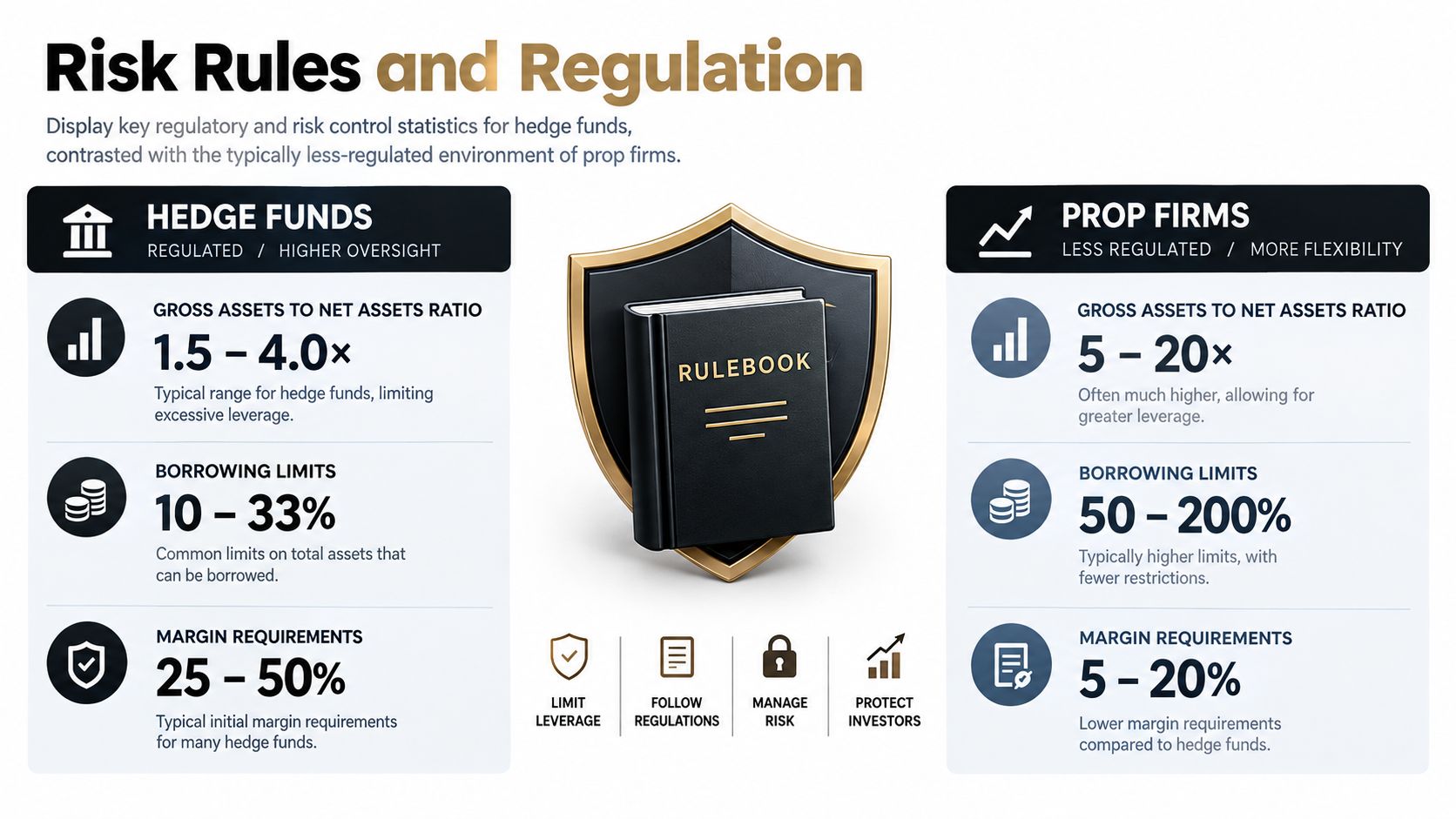 A comparison chart showing the differences in risk, leverage, and regulations between hedge funds and prop firms.