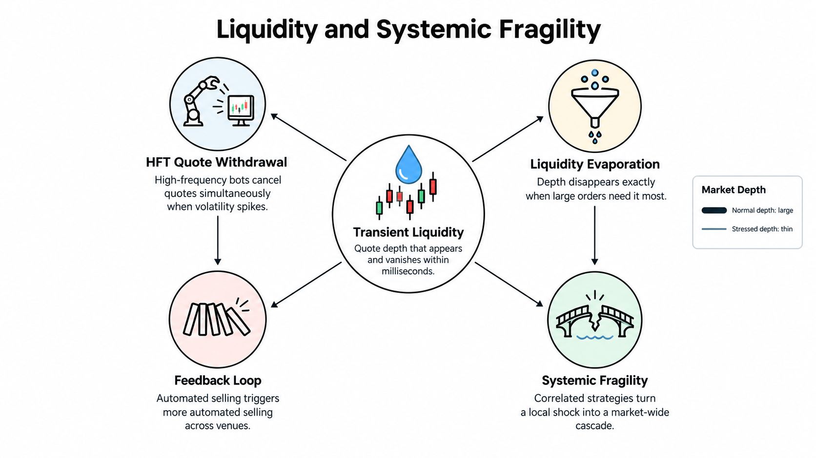 A diagram illustrating how transient liquidity contributes to market systemic fragility through automated trading feedback loops and withdrawals.