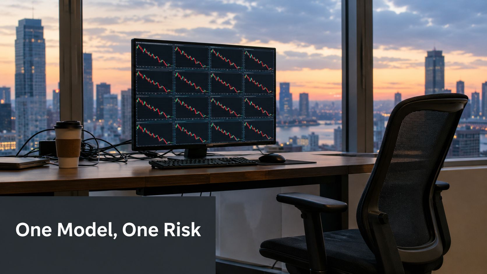 A professional office workspace featuring a computer monitor displaying multiple declining stock market trend charts at sunset.