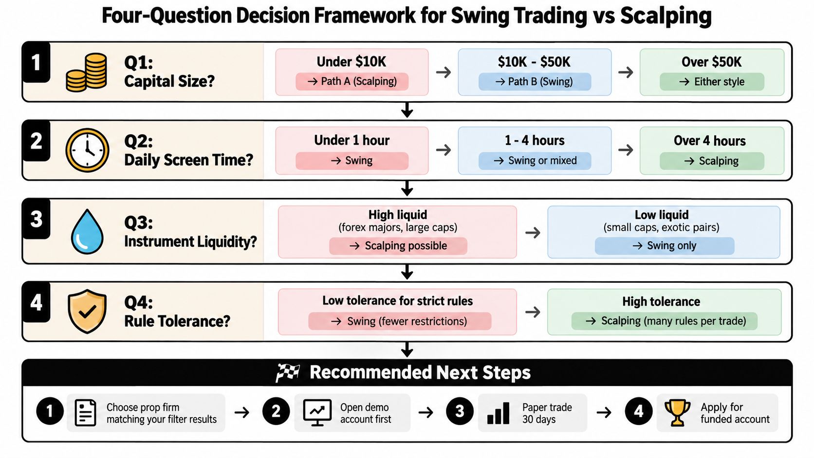 A decision flowchart infographic helping traders choose between swing trading and scalping strategies based on capital and time.