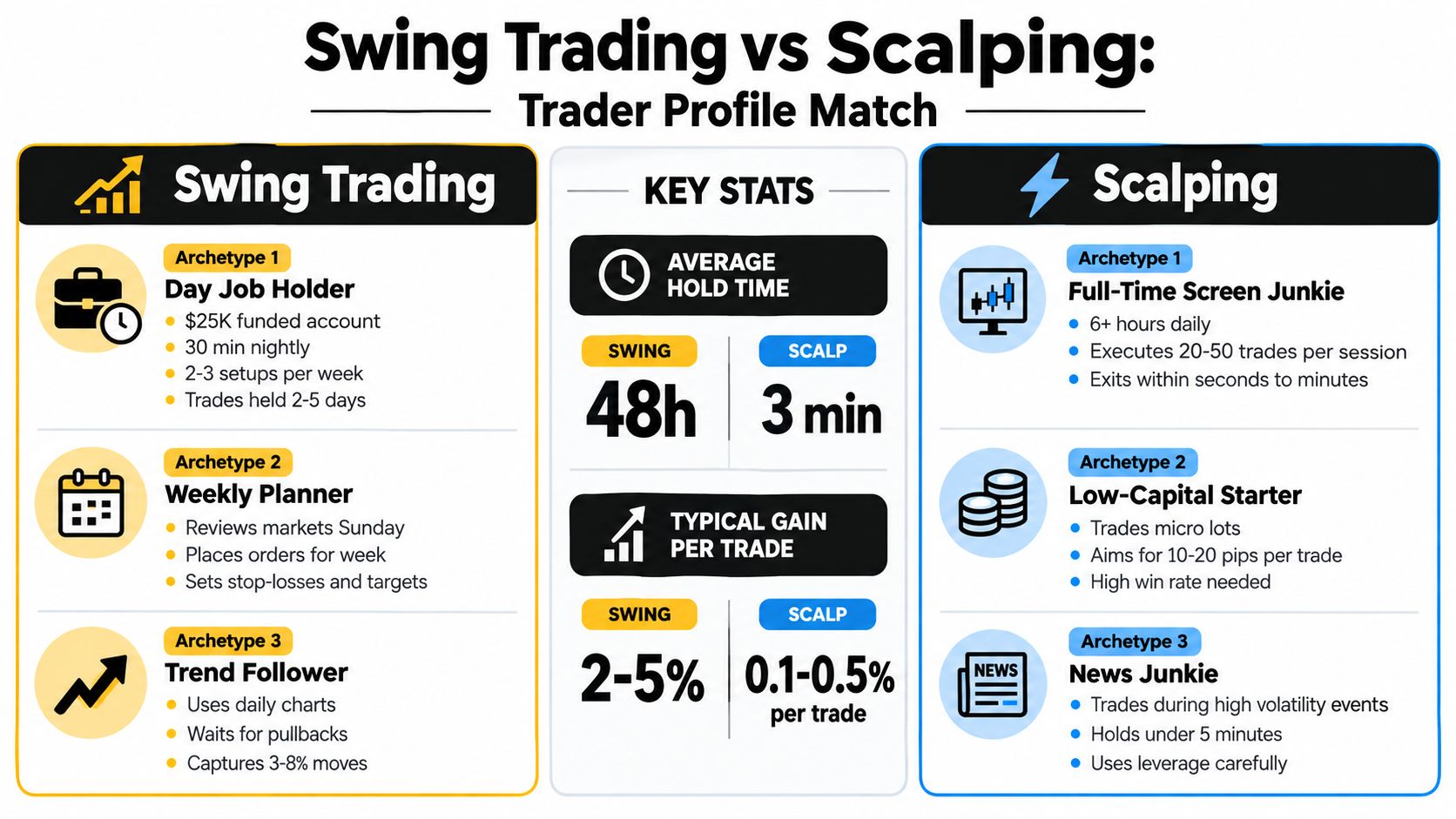 A comparison infographic showing the trader profiles, hold times, and typical gains for swing trading versus scalping.
