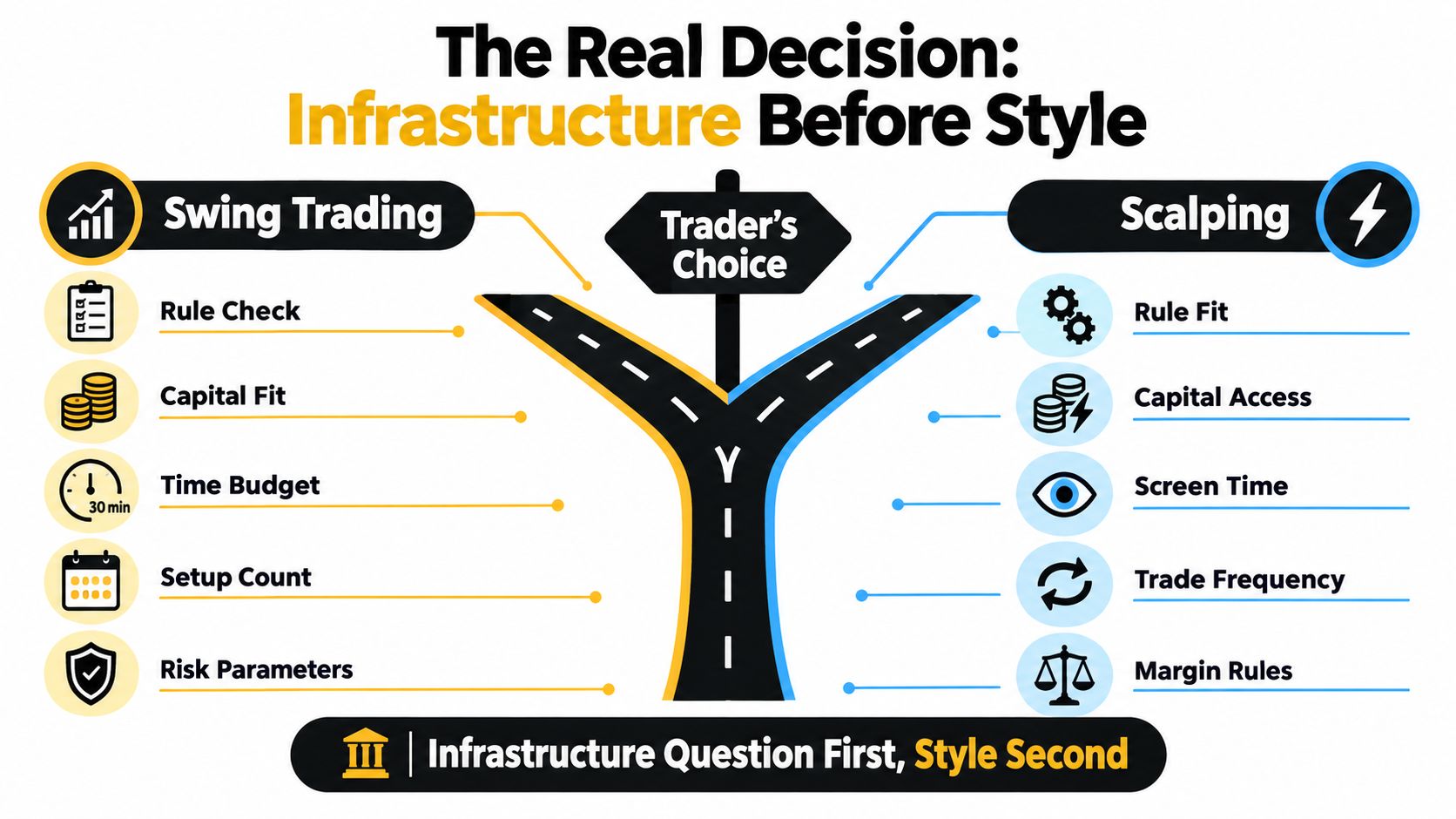 An infographic comparing swing trading and scalping, highlighting infrastructure and personal requirements before choosing a trading style.