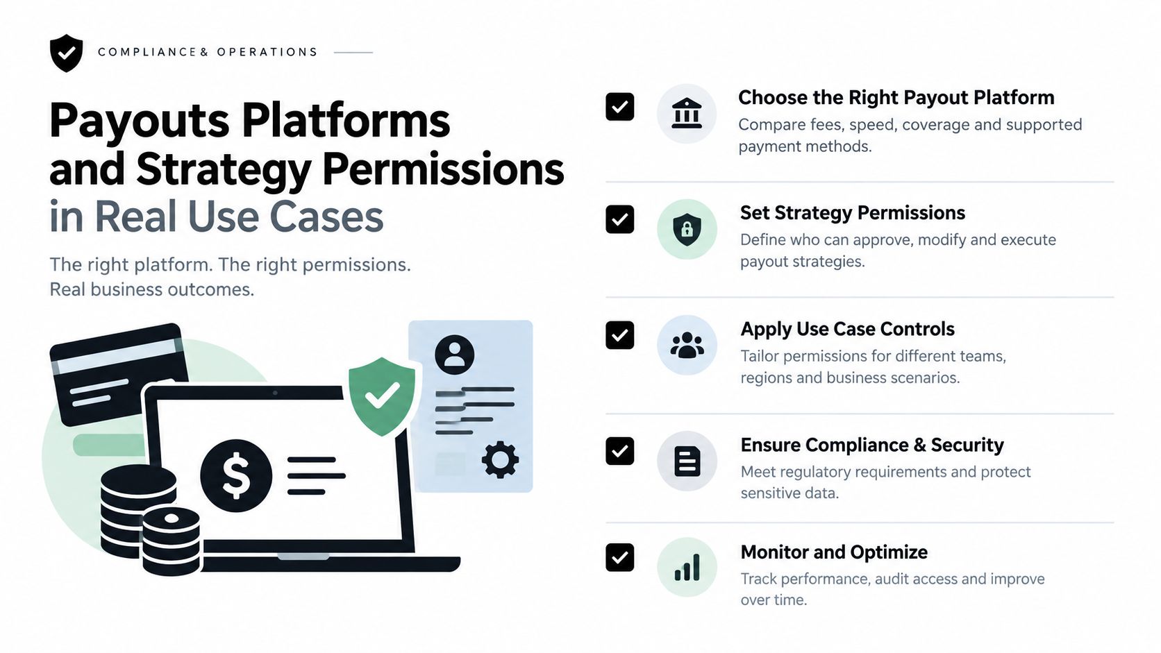 An infographic outlining steps for managing payout platforms, strategy permissions, compliance, and security in business operations.