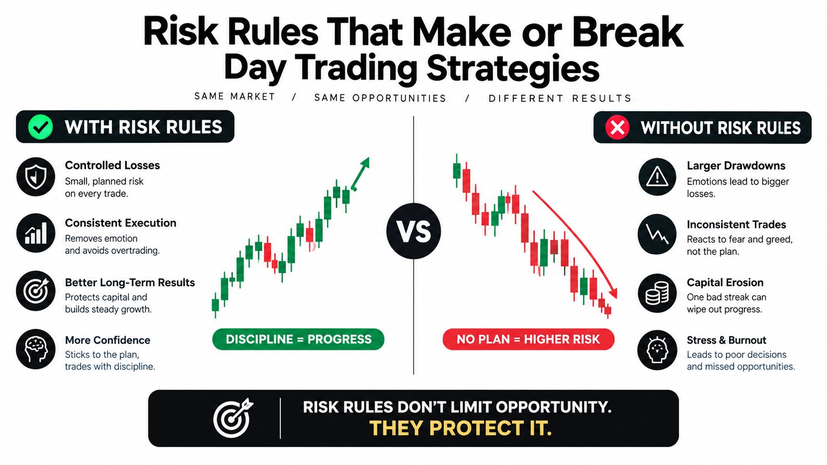 An infographic comparing day trading strategies with and without risk rules, illustrating the importance of discipline.