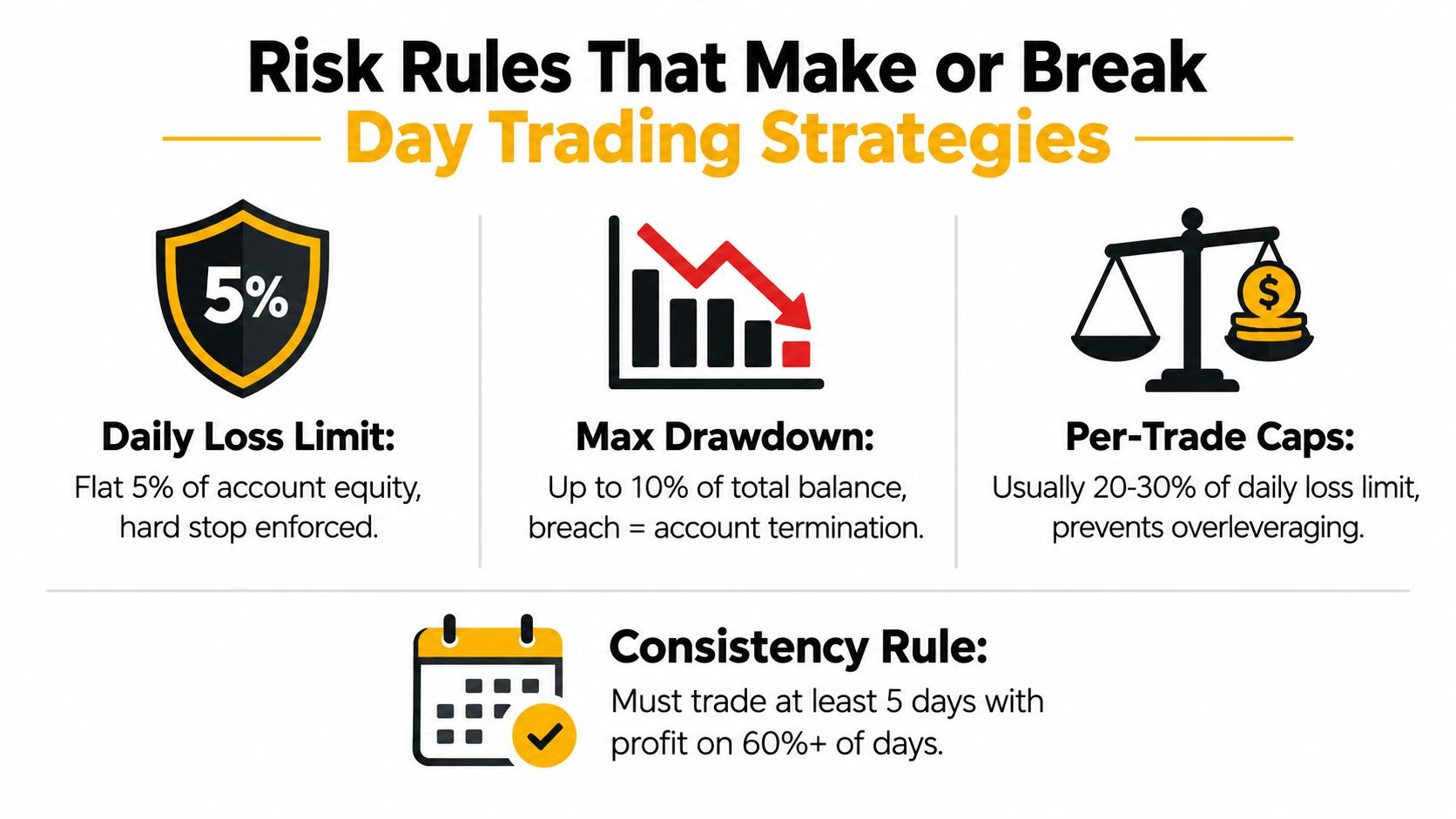 A visual infographic explaining essential risk management rules for day trading in prop firm accounts.