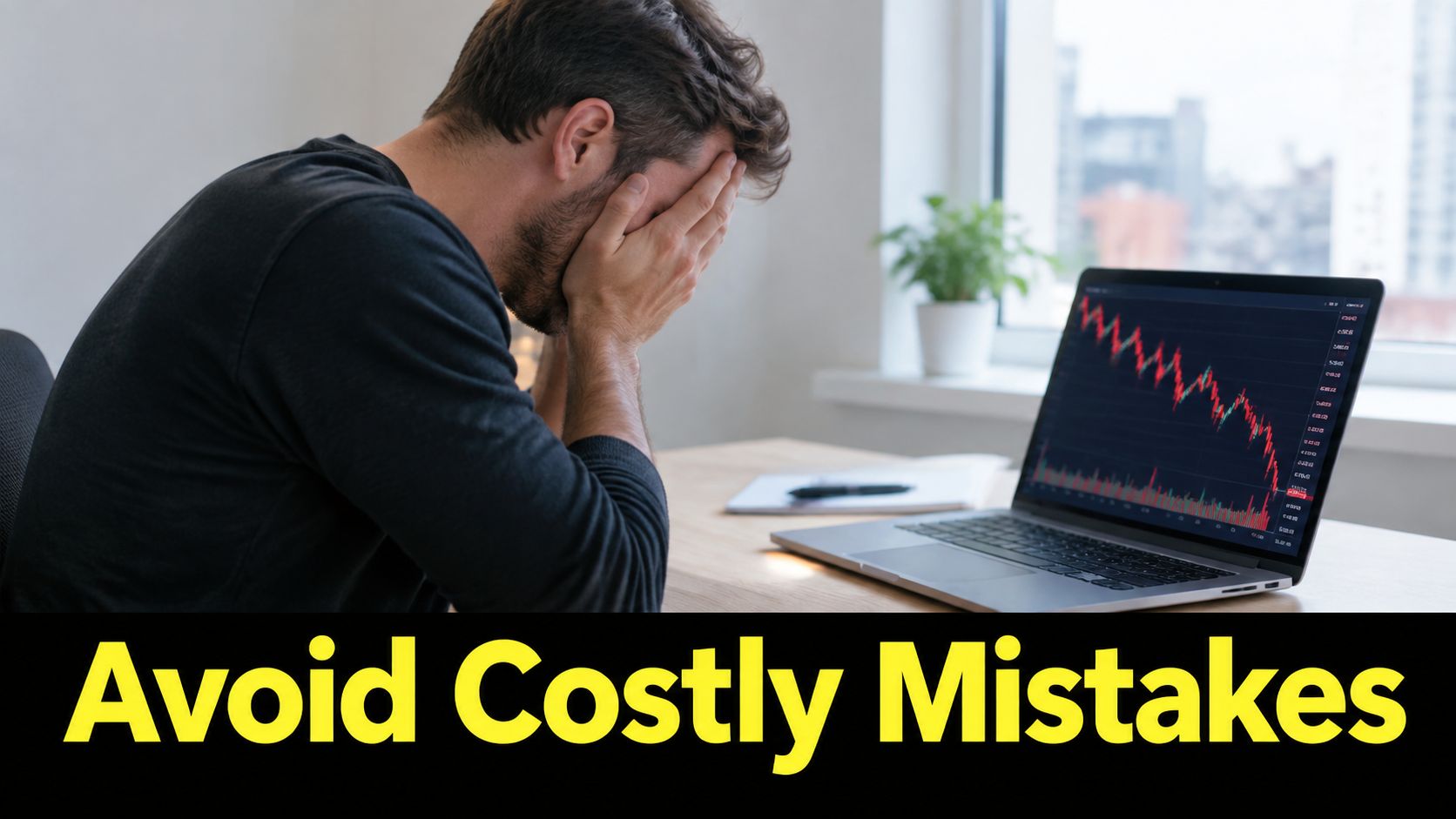A stressed man sitting at a desk looking at a computer screen showing a declining stock chart.
