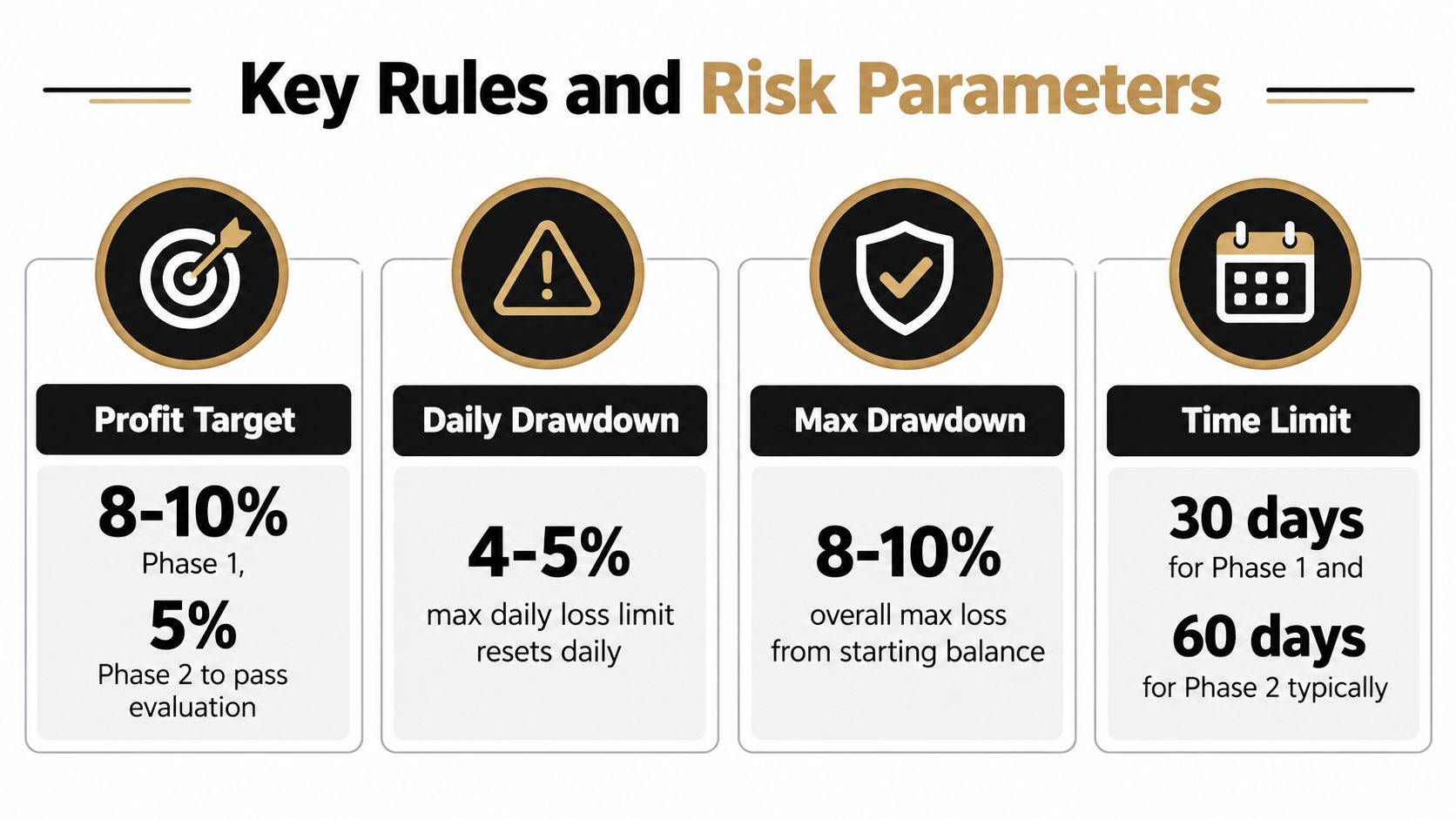 An infographic detailing trading evaluation rules including profit targets, daily drawdown, max drawdown, and time limits.