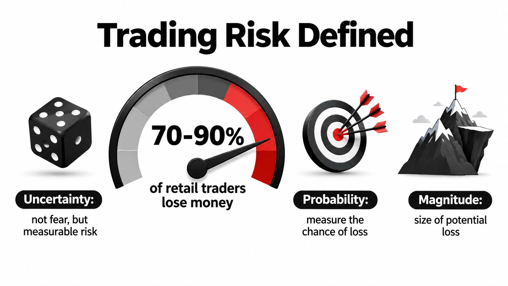 An infographic titled Trading Risk Defined explaining concepts of uncertainty, probability, and magnitude for traders.