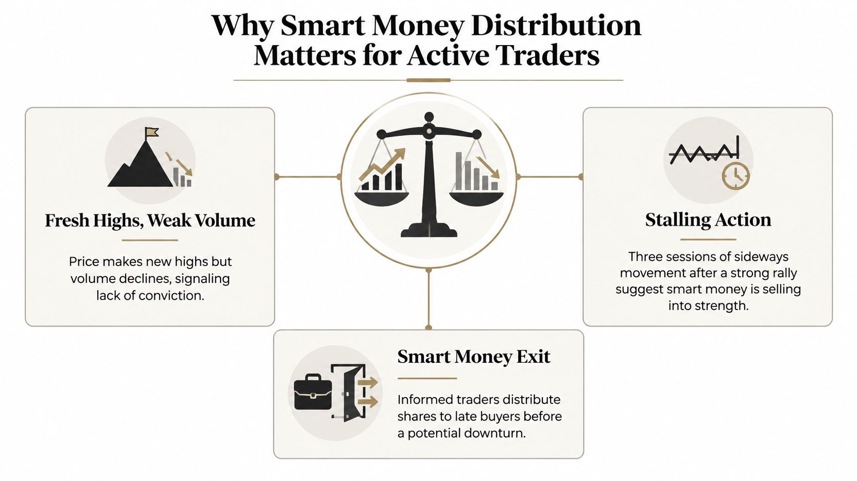 An infographic explaining smart money distribution patterns, including fresh highs with weak volume, stalling action, and exits.