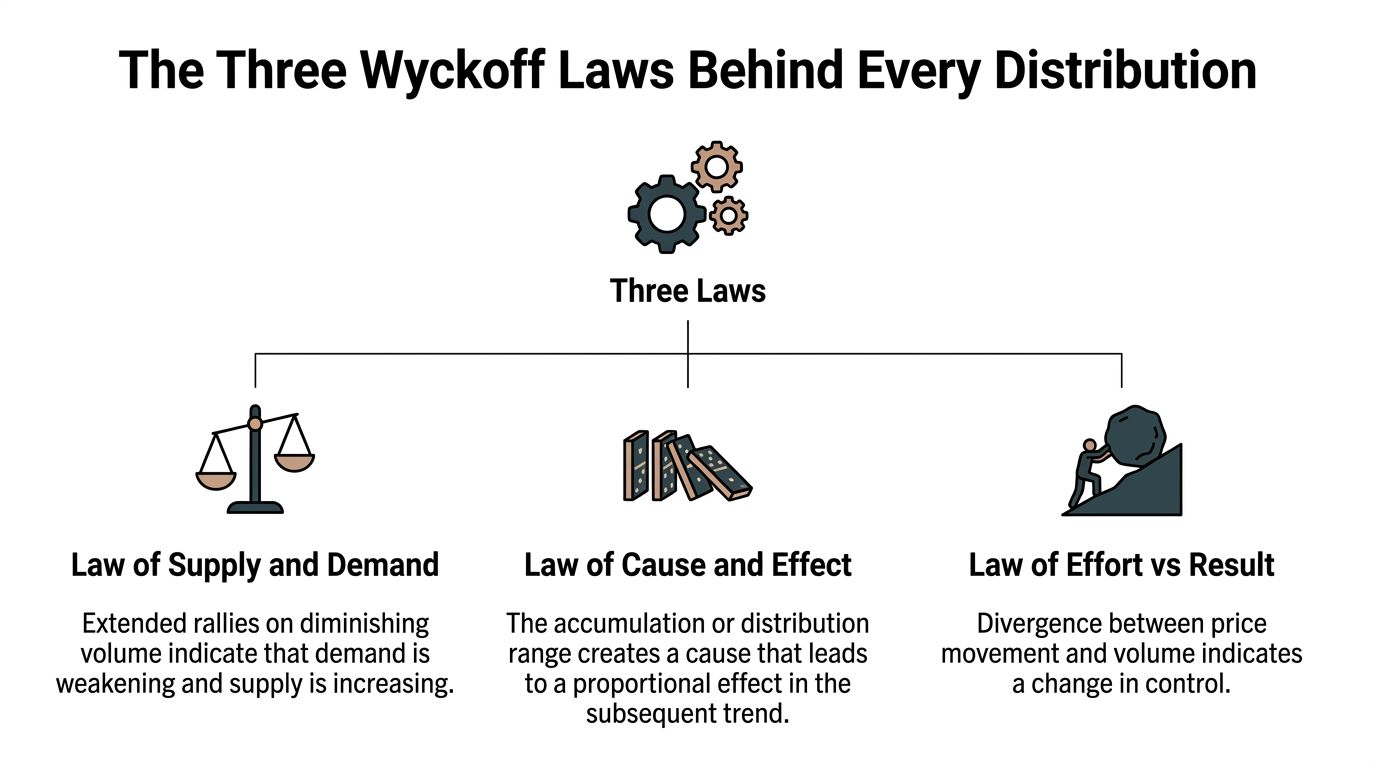 An infographic showing the three Wyckoff laws behind market distribution, illustrated with icons and descriptive text.
