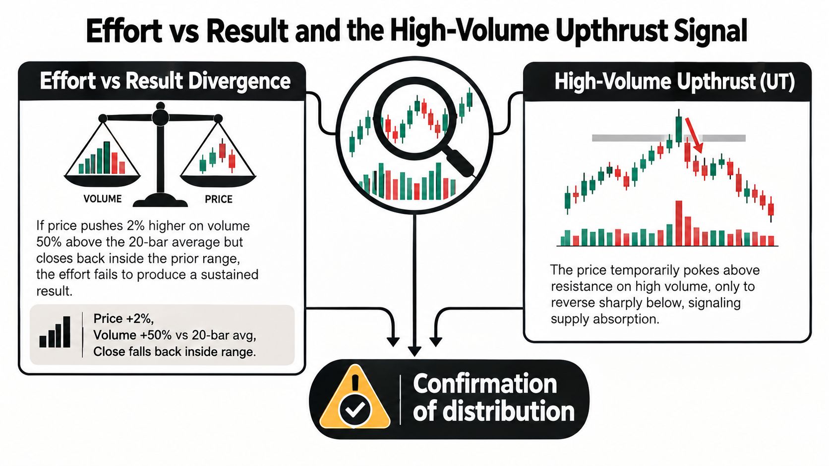 An infographic explaining Wyckoff distribution patterns by comparing effort versus result and high-volume upthrust signals.