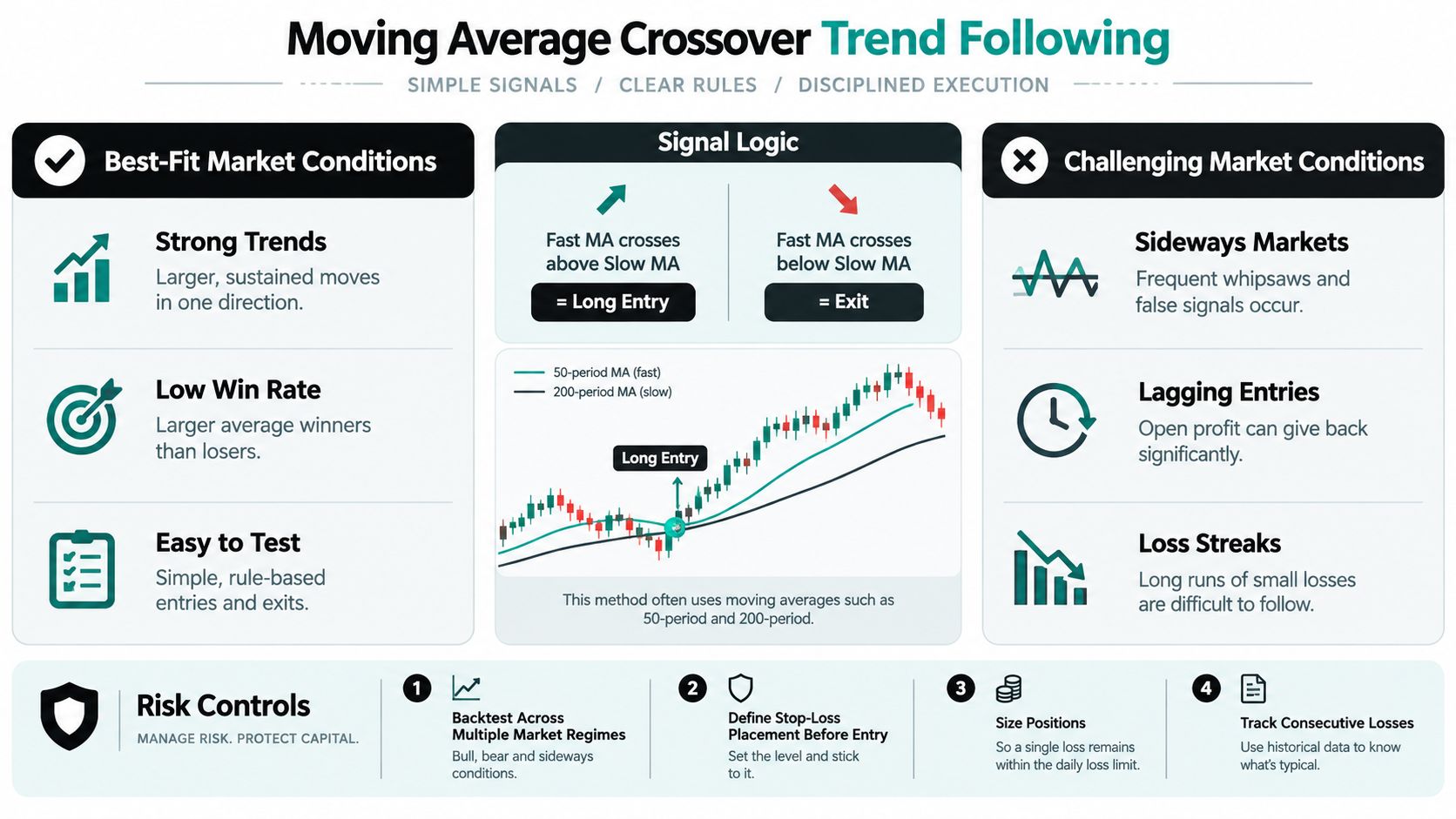 An infographic explaining moving average crossover trading strategies, detailing market conditions, signal logic, and essential risk controls.