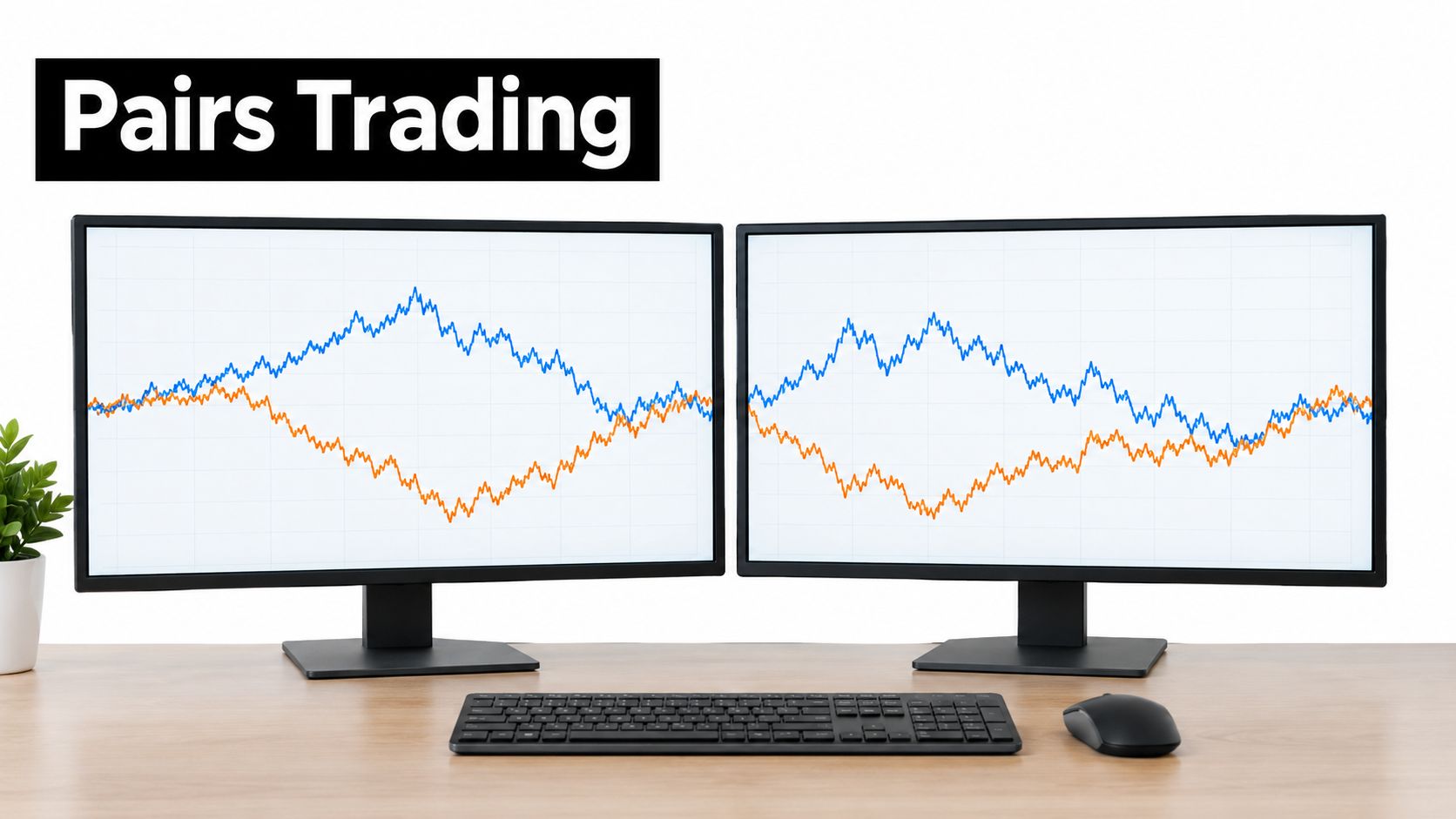 Two computer monitors side by side on a wooden desk displaying colorful stock market charts for pairs trading.