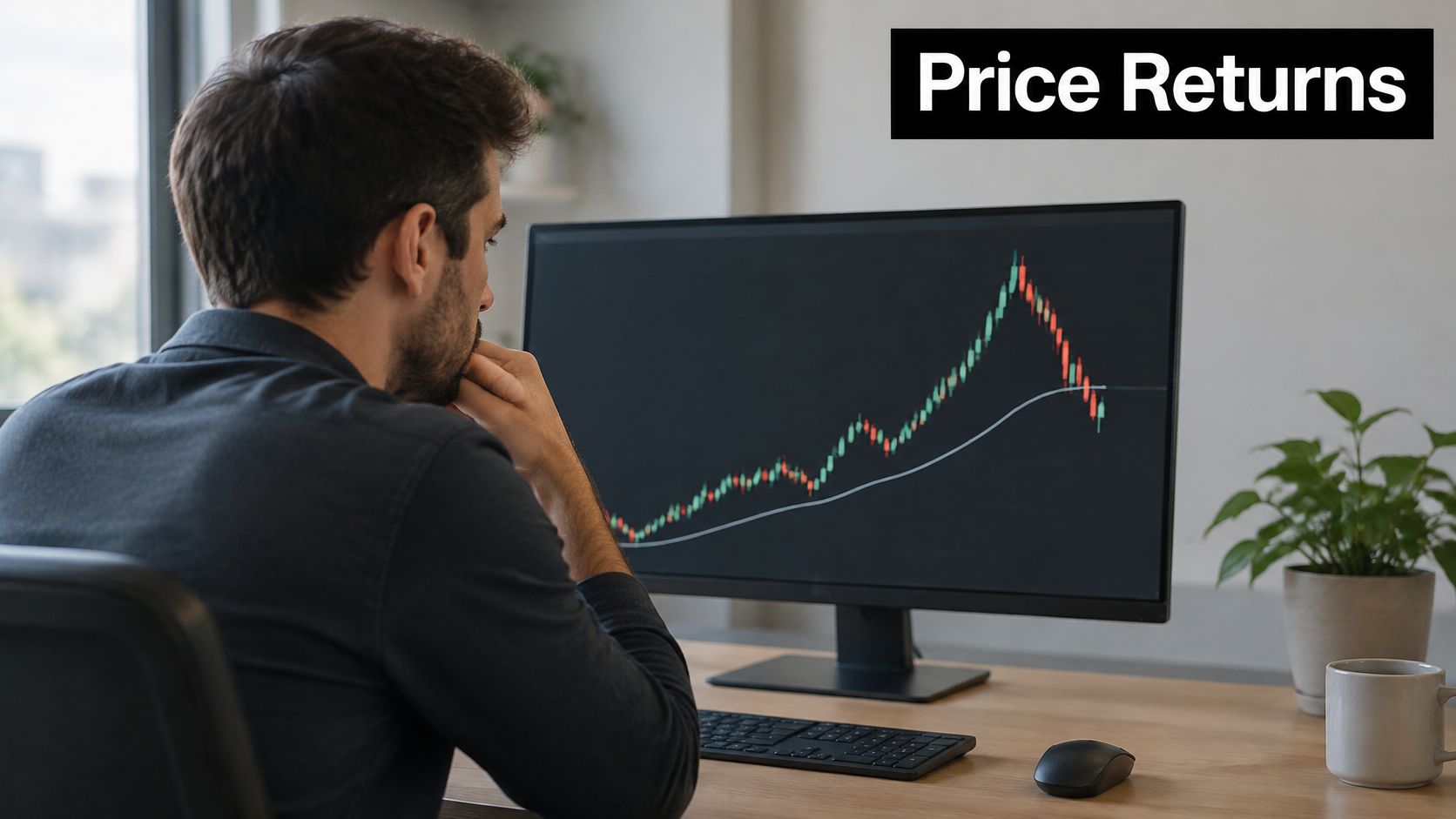 A man sitting at a desk looking at a computer screen showing stock market price trends.