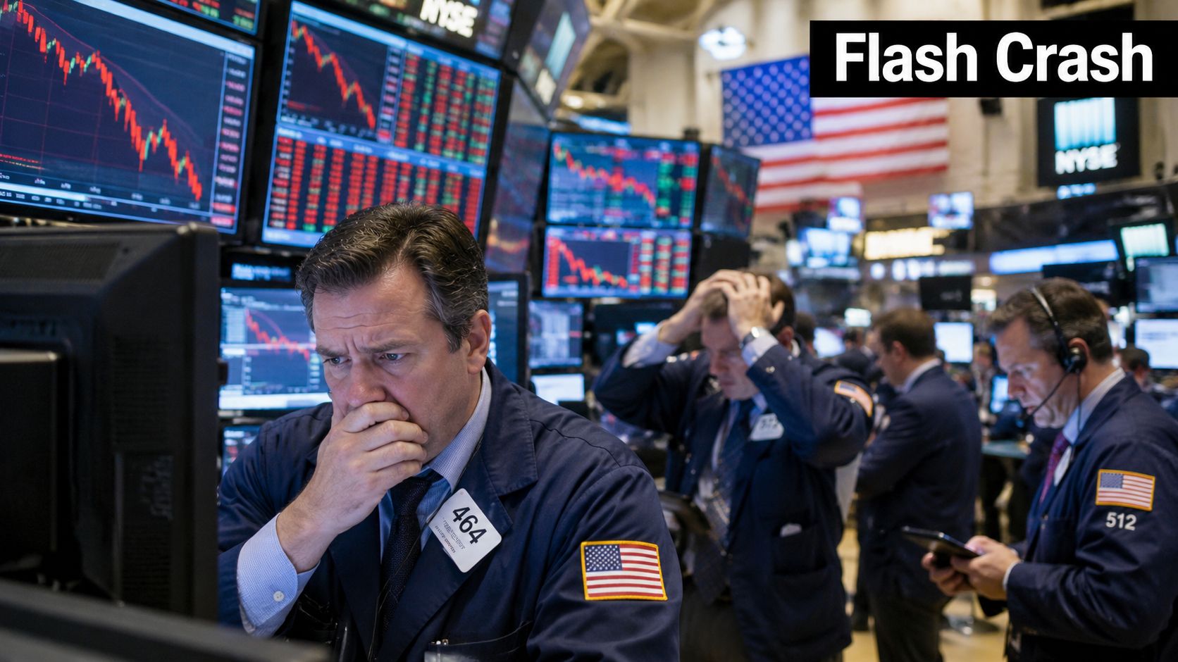 A concerned stock trader watches red charts on monitors during a chaotic stock market flash crash event.