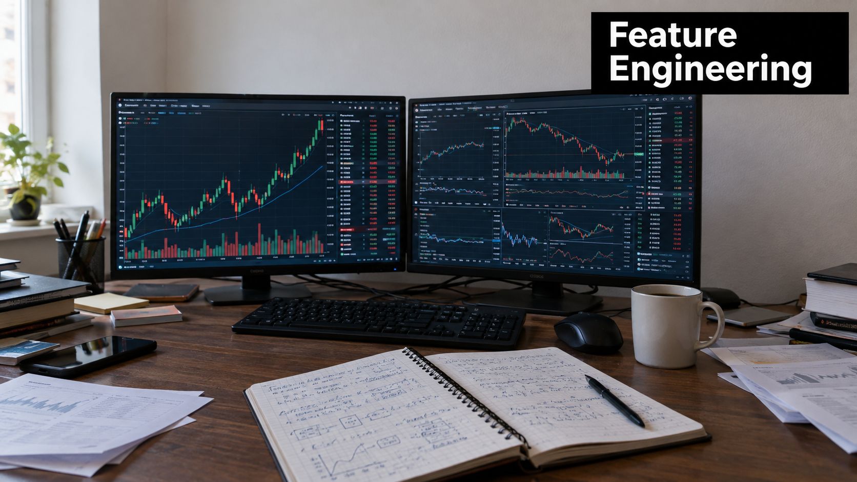 A dual monitor trading workstation displaying complex financial charts and data with notes on a desk.