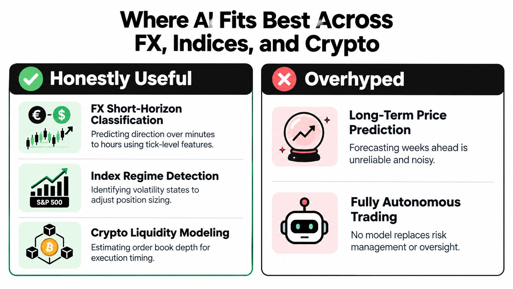 A comparison chart showing useful and overhyped applications of AI in FX, indices, and crypto trading strategies.