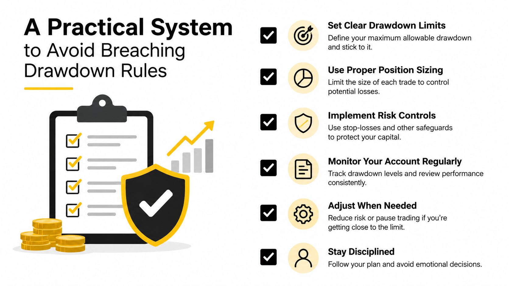 A checklist infographic illustrating a practical system for traders to avoid breaching drawdown rules and manage risk.