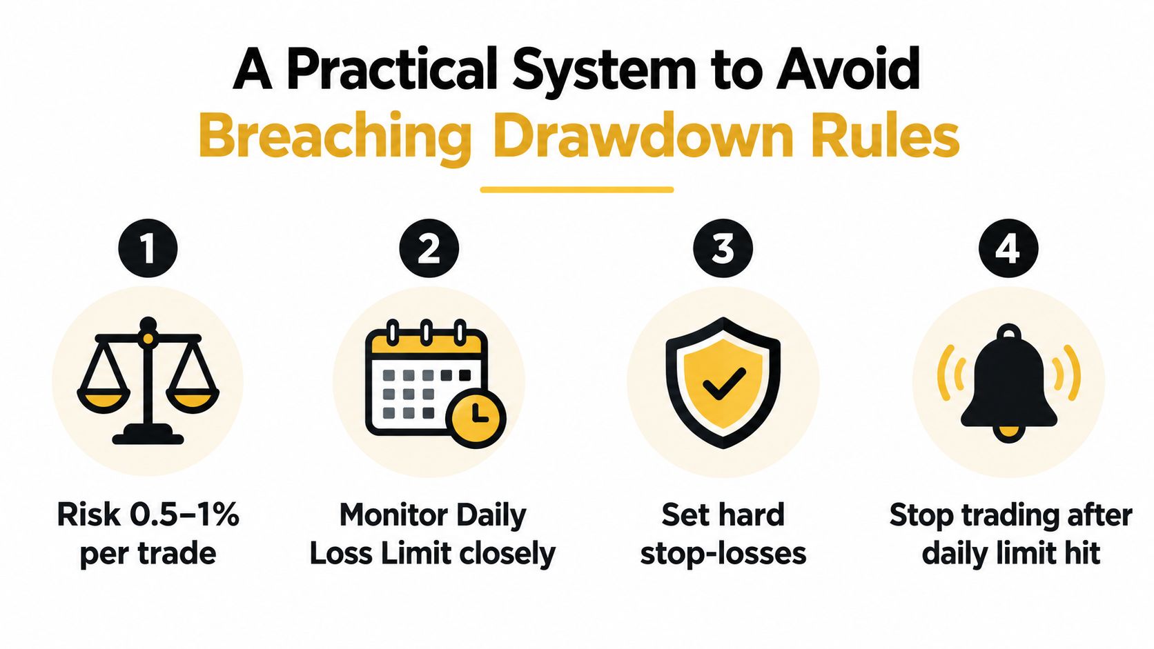 An infographic showing four practical steps to avoid breaching trading drawdown rules for risk management.