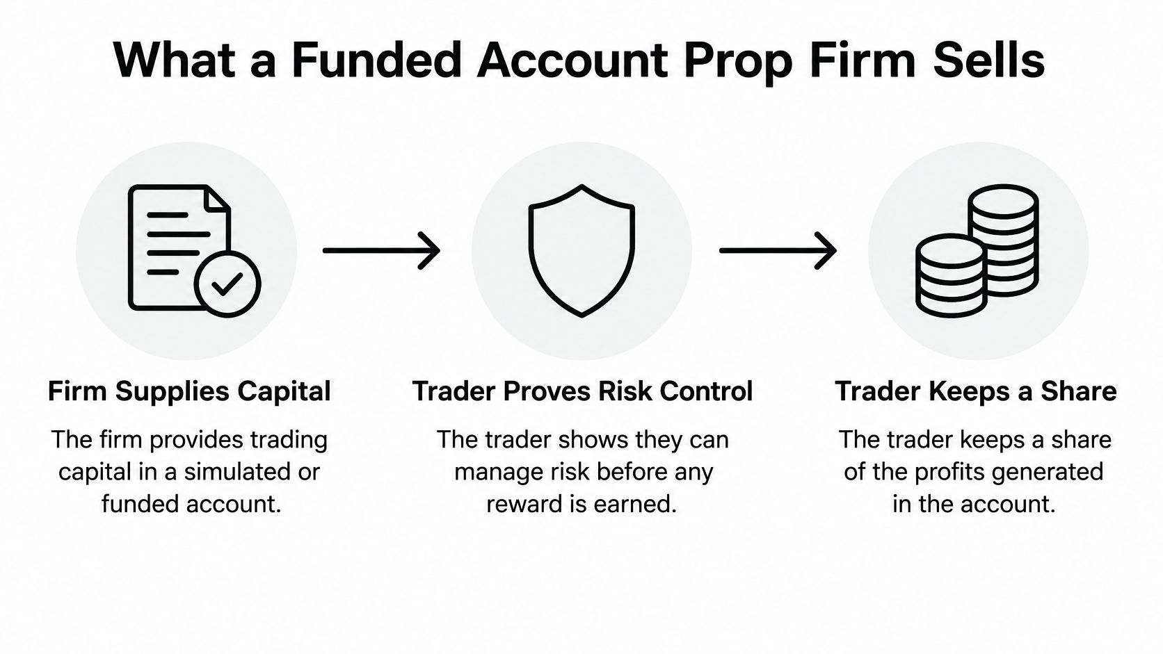 An infographic titled What a Funded Account Prop Firm Sells, illustrating capital, risk control, and profit sharing.