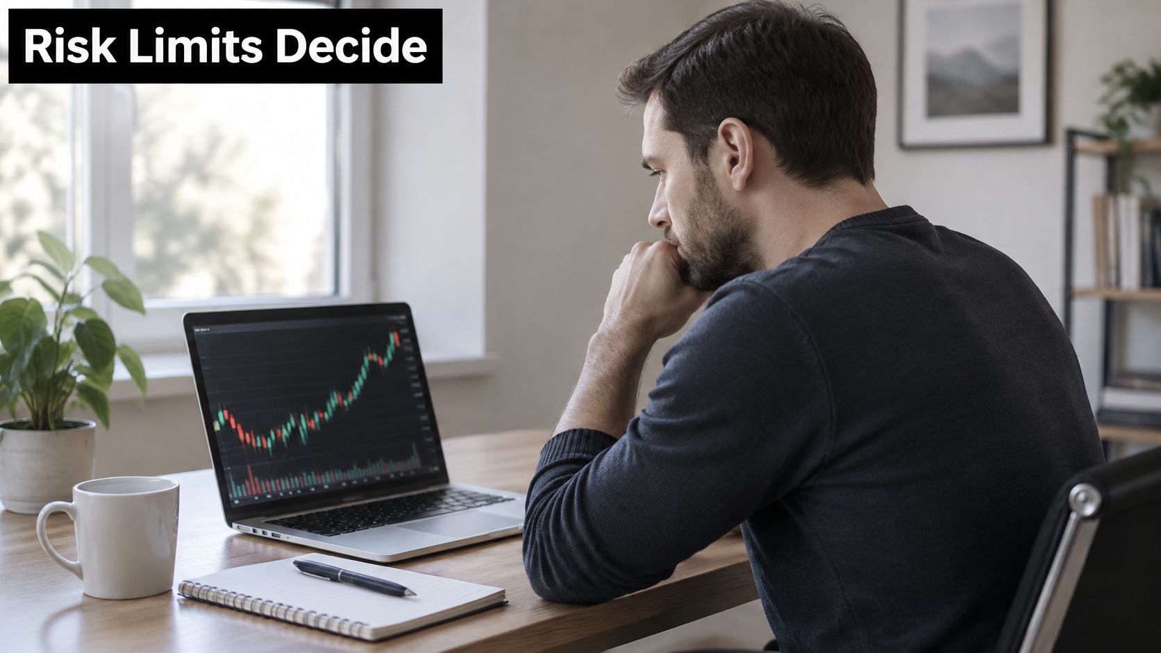 A focused man analyzing financial stock market charts on his laptop while sitting at a wooden desk.