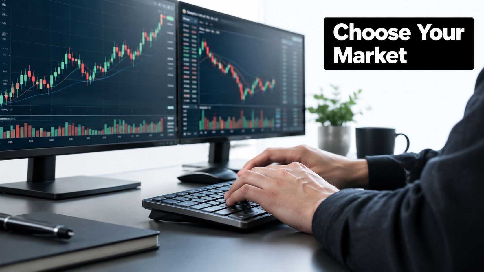 A trader working at a desk with two monitors displaying financial stock market charts and data.