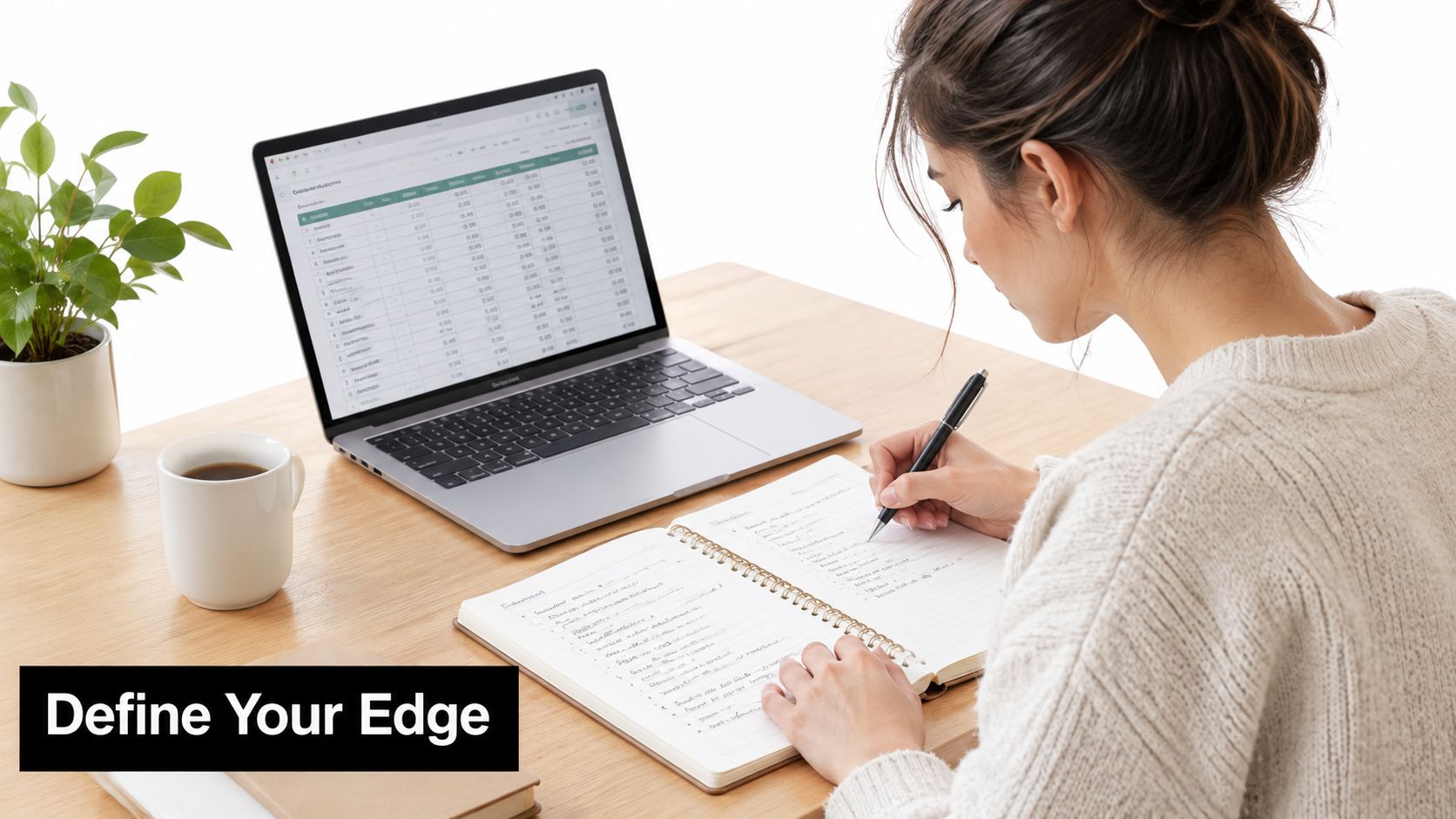 A young woman studying at a wooden desk with a laptop displaying financial charts and writing notes.