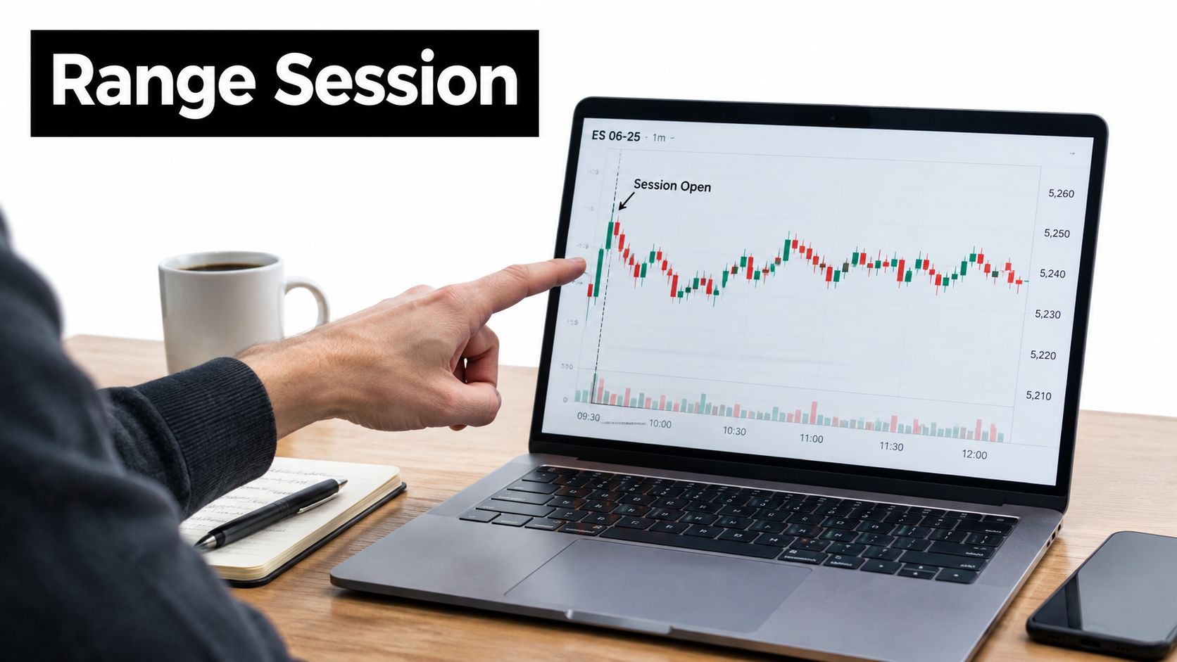 A person pointing at a laptop screen displaying a stock market chart for an initial balance trading analysis.