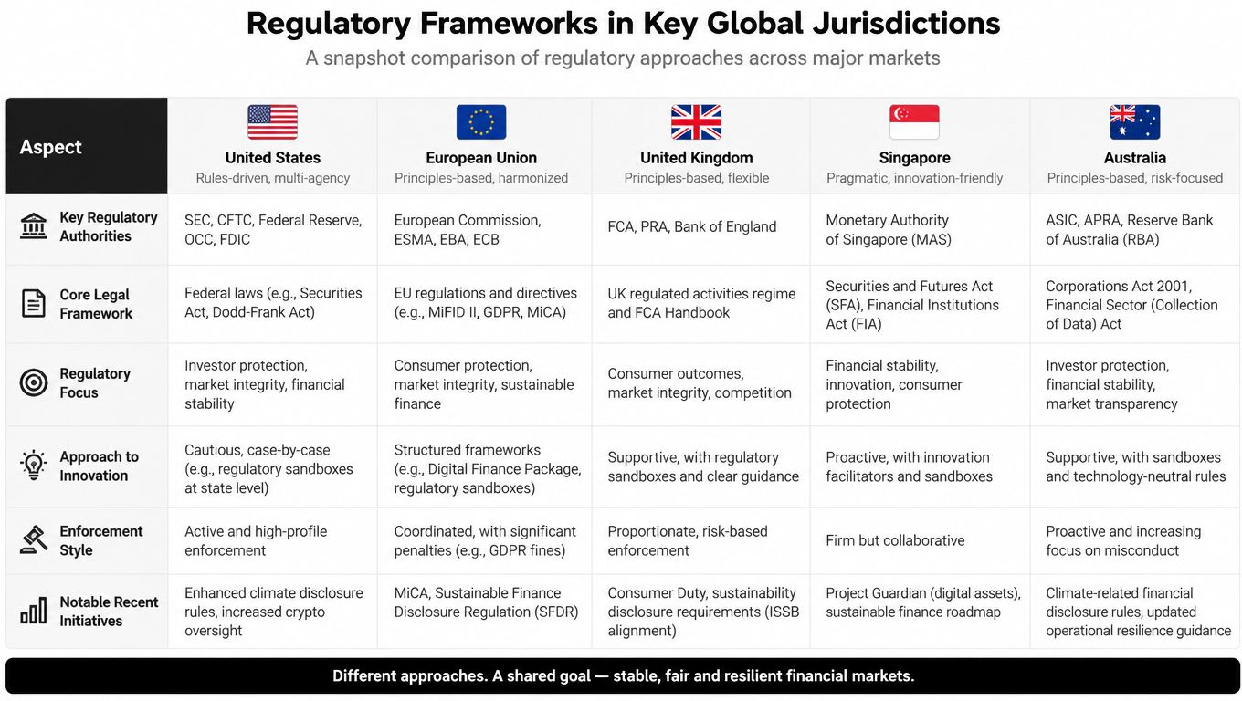 A comparison chart showing regulatory frameworks in the United States, European Union, United Kingdom, Singapore, and Australia.