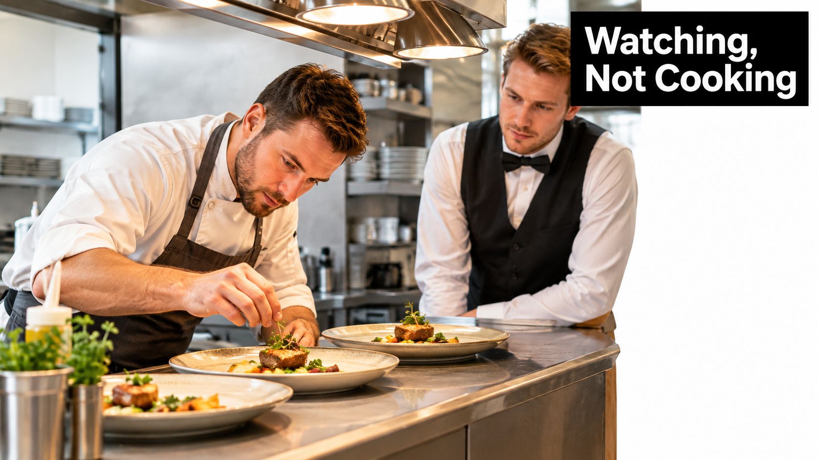 A professional chef plating an elegant dish while a waiter in a tuxedo observes in a kitchen.