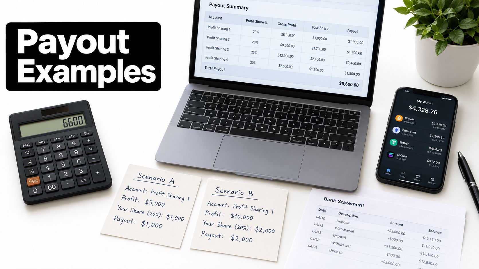 A laptop, calculator, and smartphone displaying profit sharing accounts and financial data on a white desk.