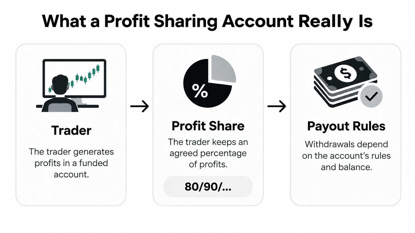 A diagram explaining a profit sharing account with three stages: trading, percentage profit splits, and payout rules.