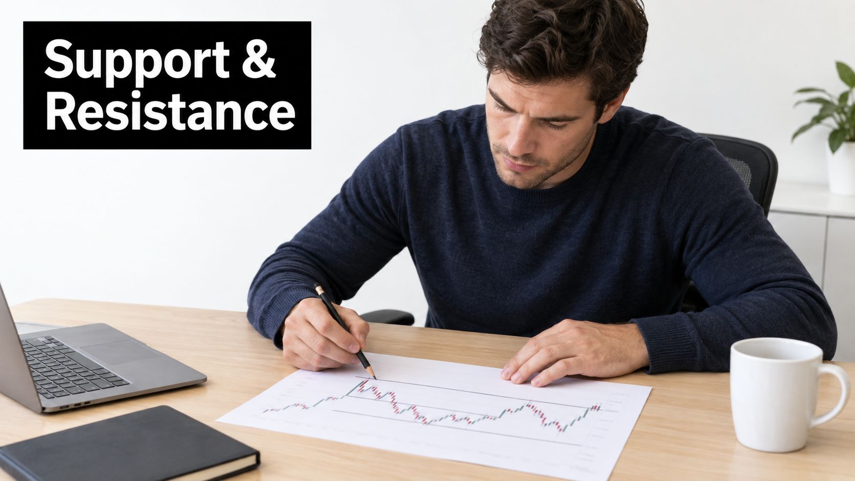 A focused man analyzing stock market trading charts at his desk with a laptop and coffee.