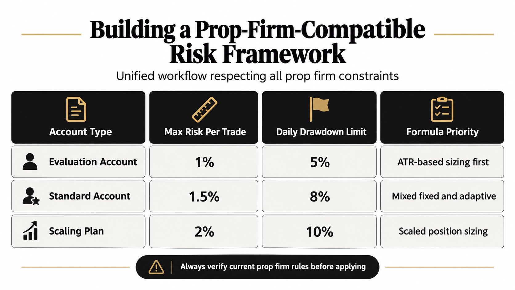 A chart outlining risk management frameworks for different prop firm account types, including drawdown and sizing limits.