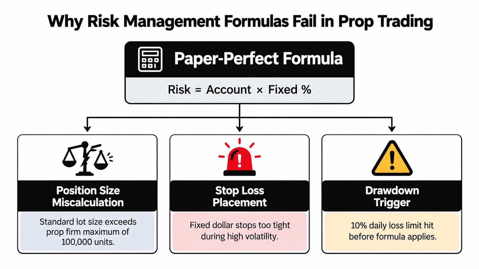 A diagram explaining why simple risk management formulas often fail in proprietary trading account environments.