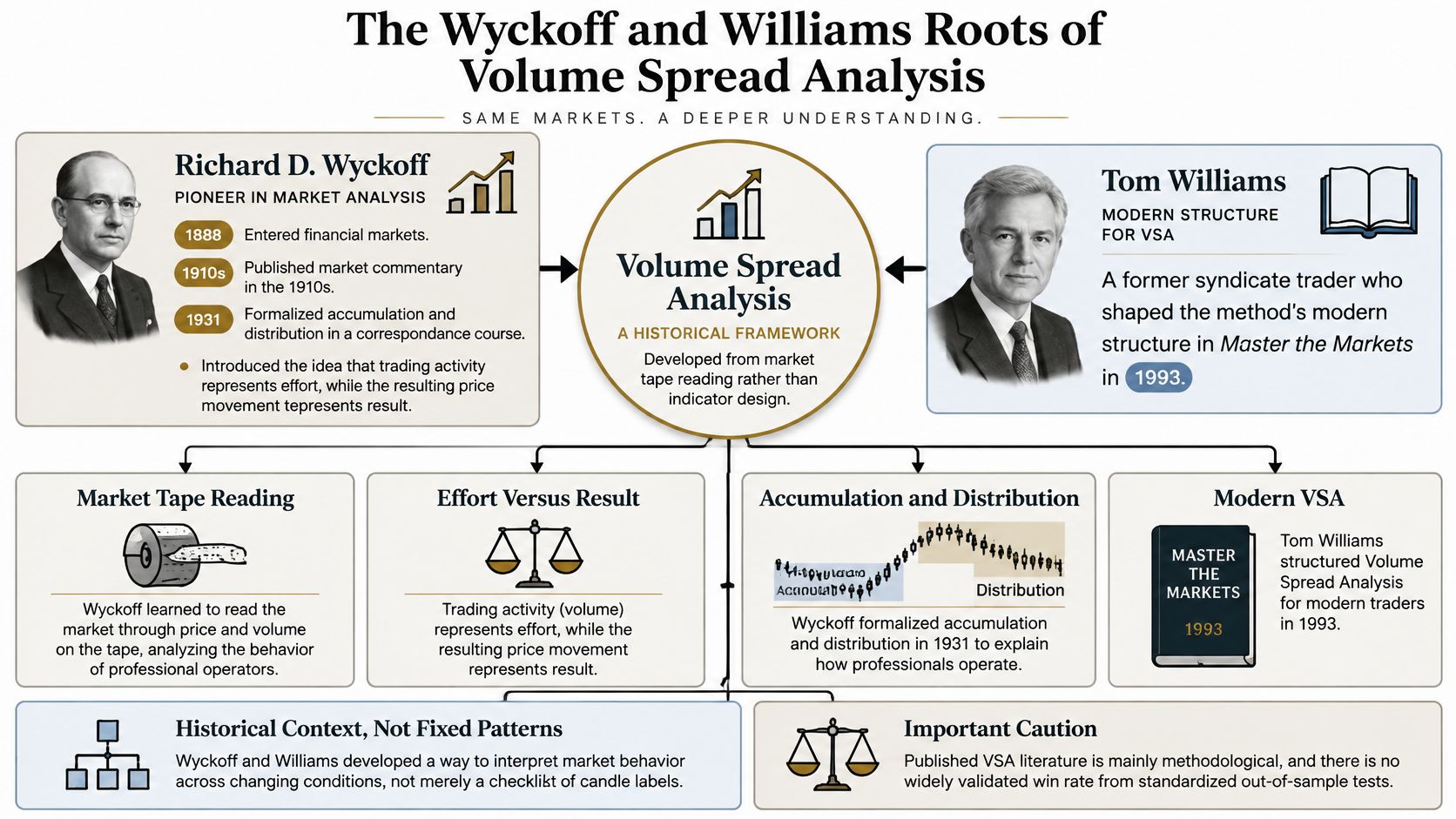 An infographic detailing the historical development of Volume Spread Analysis by Richard D. Wykoff and Tom Williams.