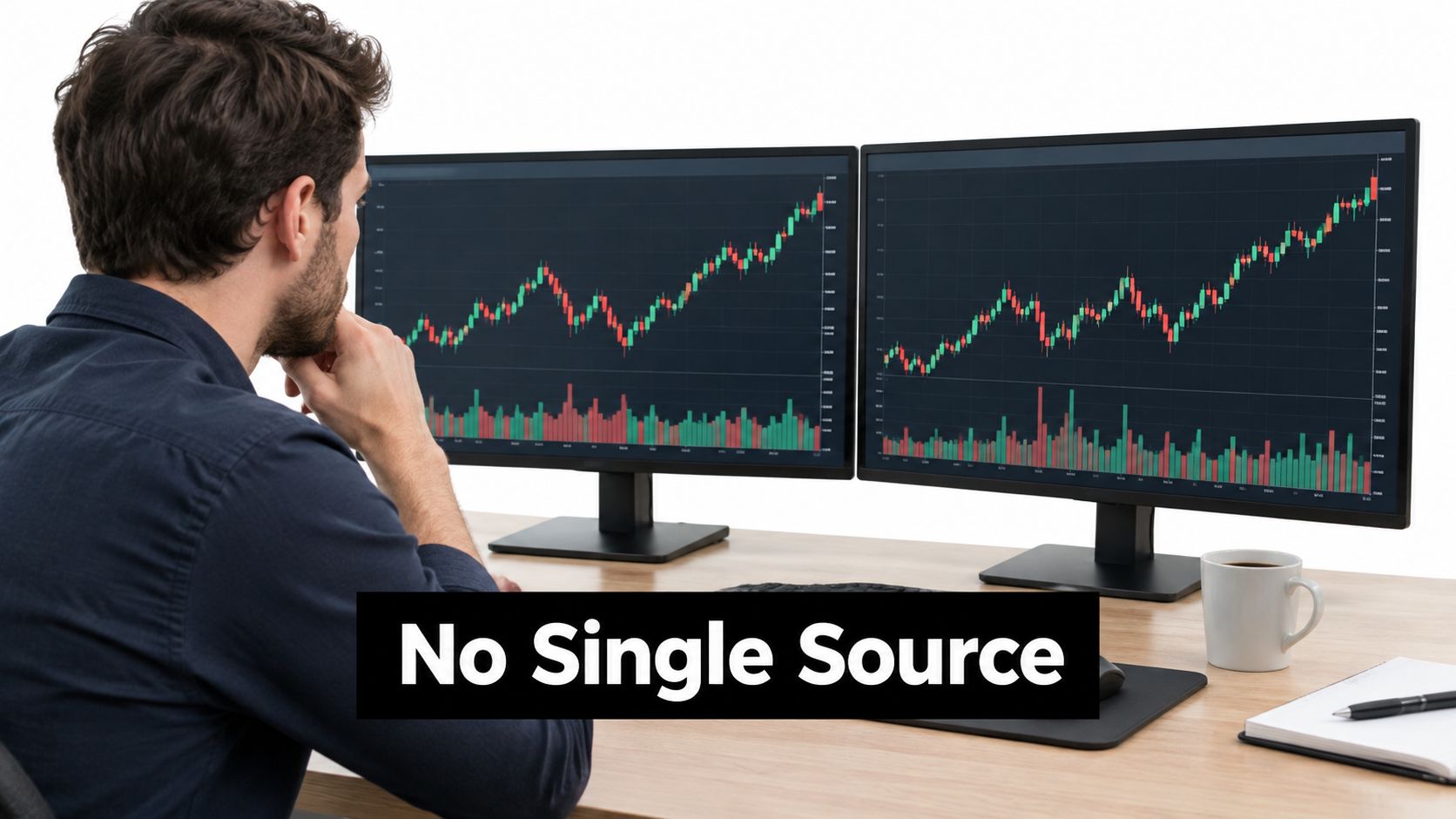 A man observing financial stock market charts on two computer monitors while sitting at his desk.